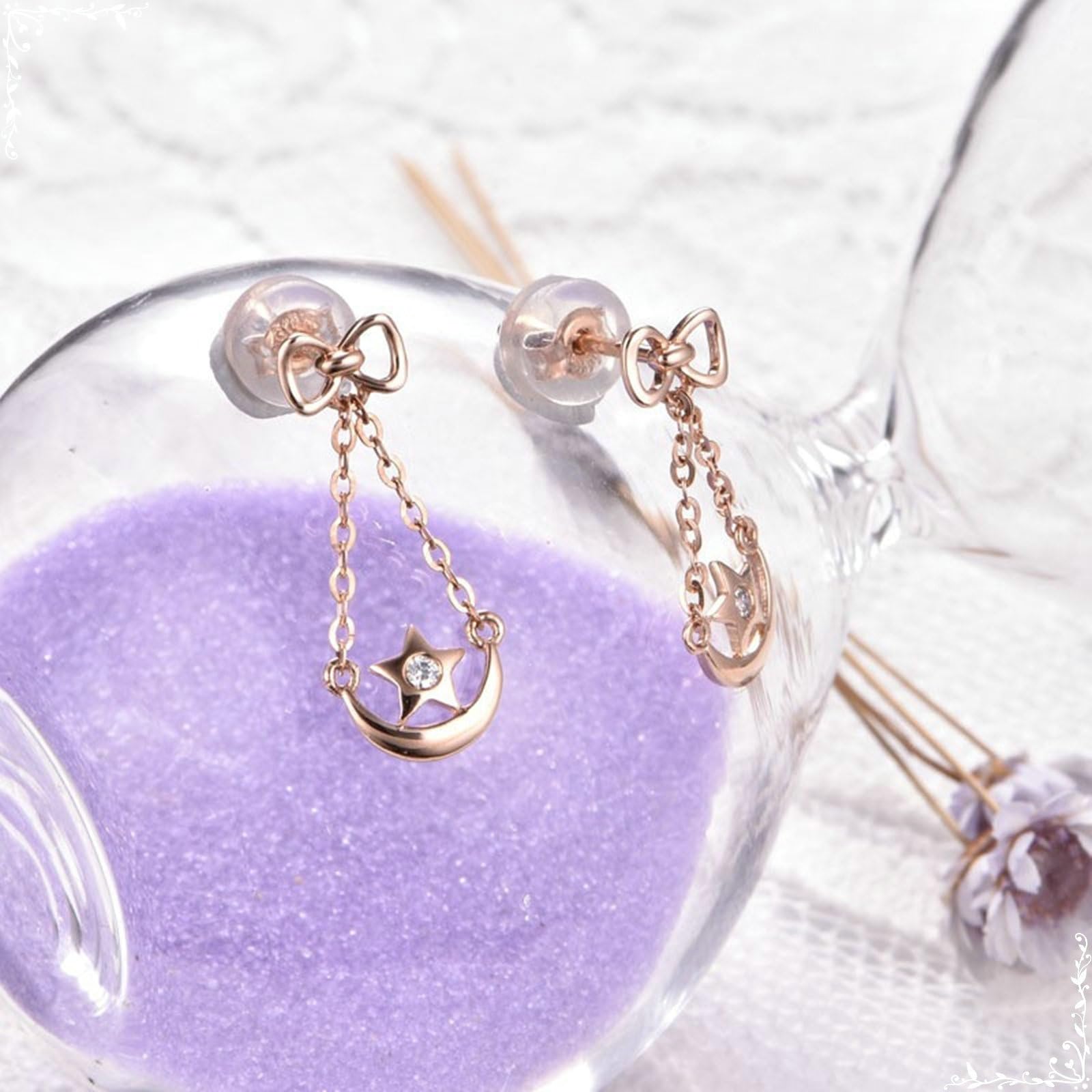Ohrstecker für Damen, Ohrringe aus 9/18-karätigem Weißgold, Schleife, Mond und Stern, mit runden Diamant-/Moissanit-Ohrringen