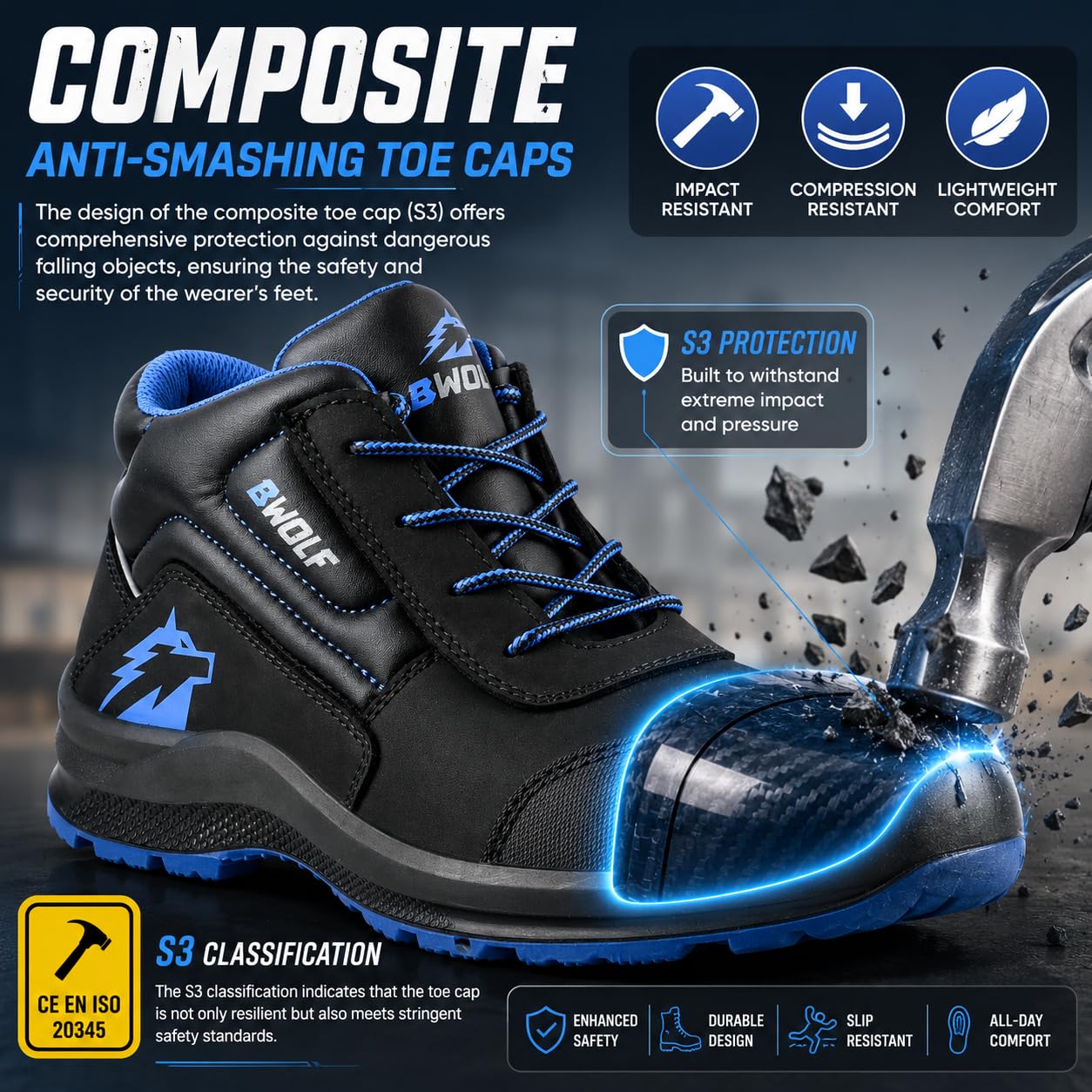 BWOLF Spire Arbeitsschuhe Herren S3 High Sicherheitsschuhe Herren S3 wasserdicht, ölbeständig, rutschhemmend 4x4 Grip Tech, Ergo Sohlen
