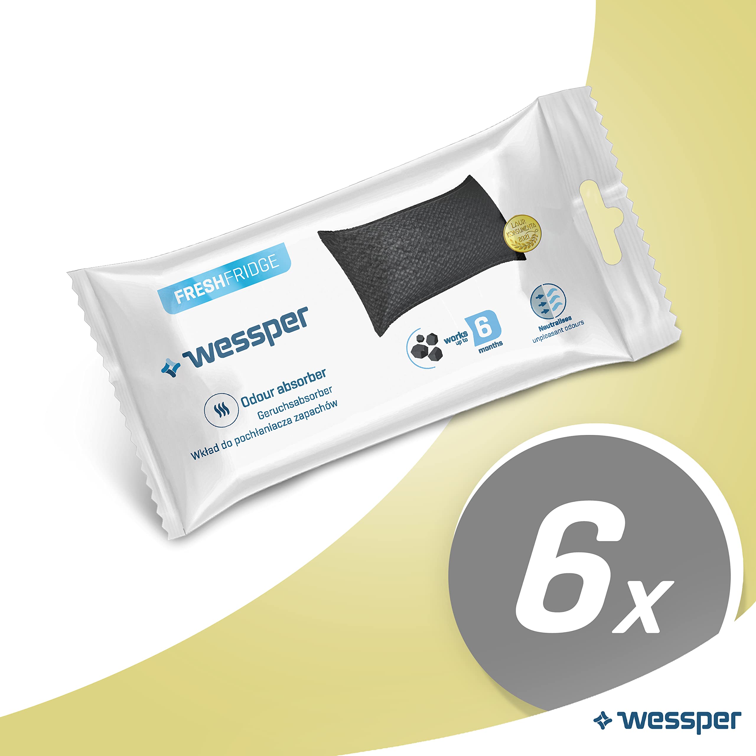 Wessper Fresh Fridge Napełnianie węglem aktywnym zapewnia długi czas działania, naturalny neutralizator zapachów, do lodówki, bez zapachów, trwałość 6 miesięcy, 6 sztuk