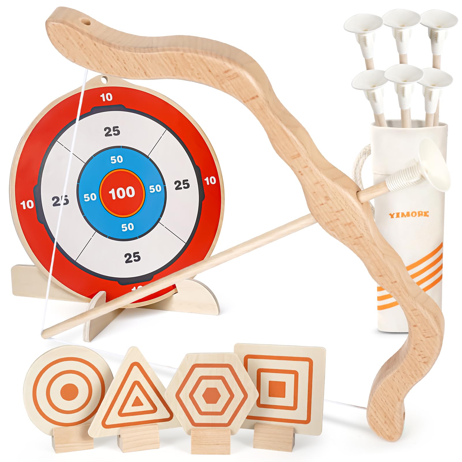 YIMORE Children's Archery Set, Wooden Archery Toy with 6 Suction Cup Arrows, 1 Large Target, 4 Small Targets and Quiver, Bow and Arrows for Boys and Girls Ages 3