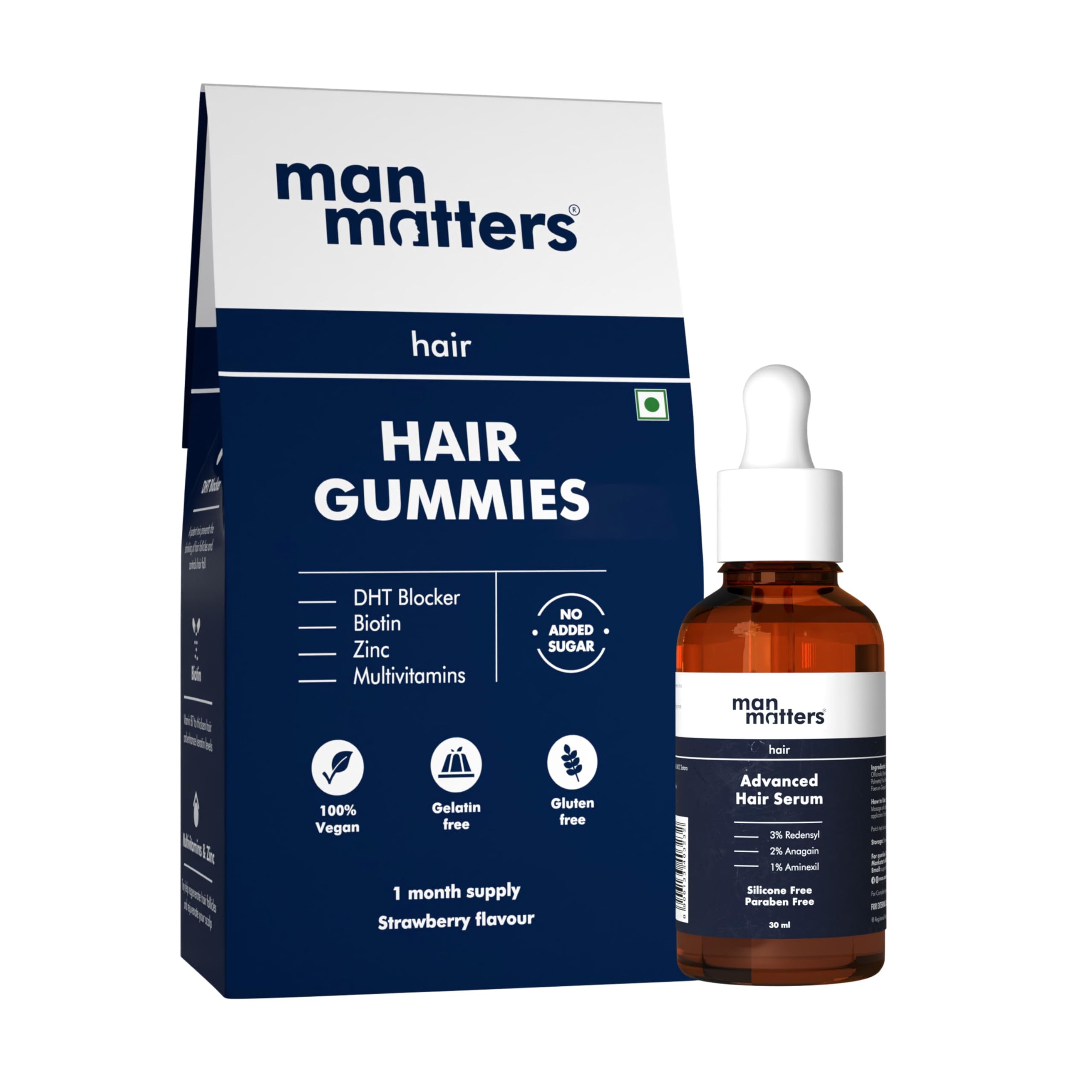 Man Matters Hair Growth Pack | Biotin Gummies (30N) & Advanced Hair Serum (30ml) | Reduces Hairfall, Strengthens Roots & Promotes Growth | With Redensyl, Procapil, Biocapil, Zinc & Vit A, C & E