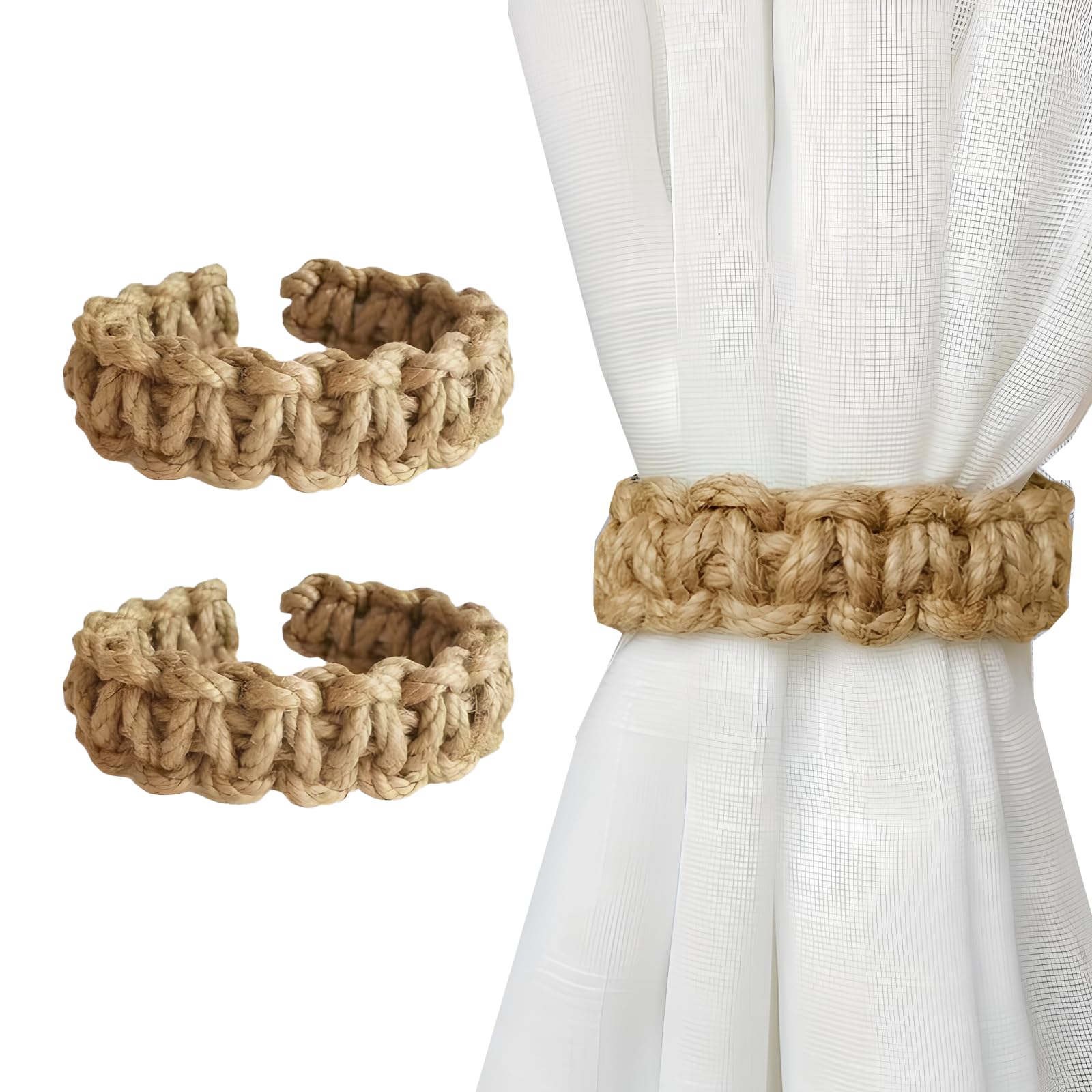 2-Pack Boho Hemp Rope Curtain Tiebacks, Decorative Woven Holdback Hooks, 8.7 inch
