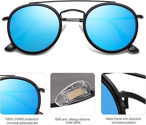 Miniatura 5 de SOJOS Gafas de sol polarizadas redondas retro vintage para mujeres y hombres, diseño de doble puente circular SJ1104
