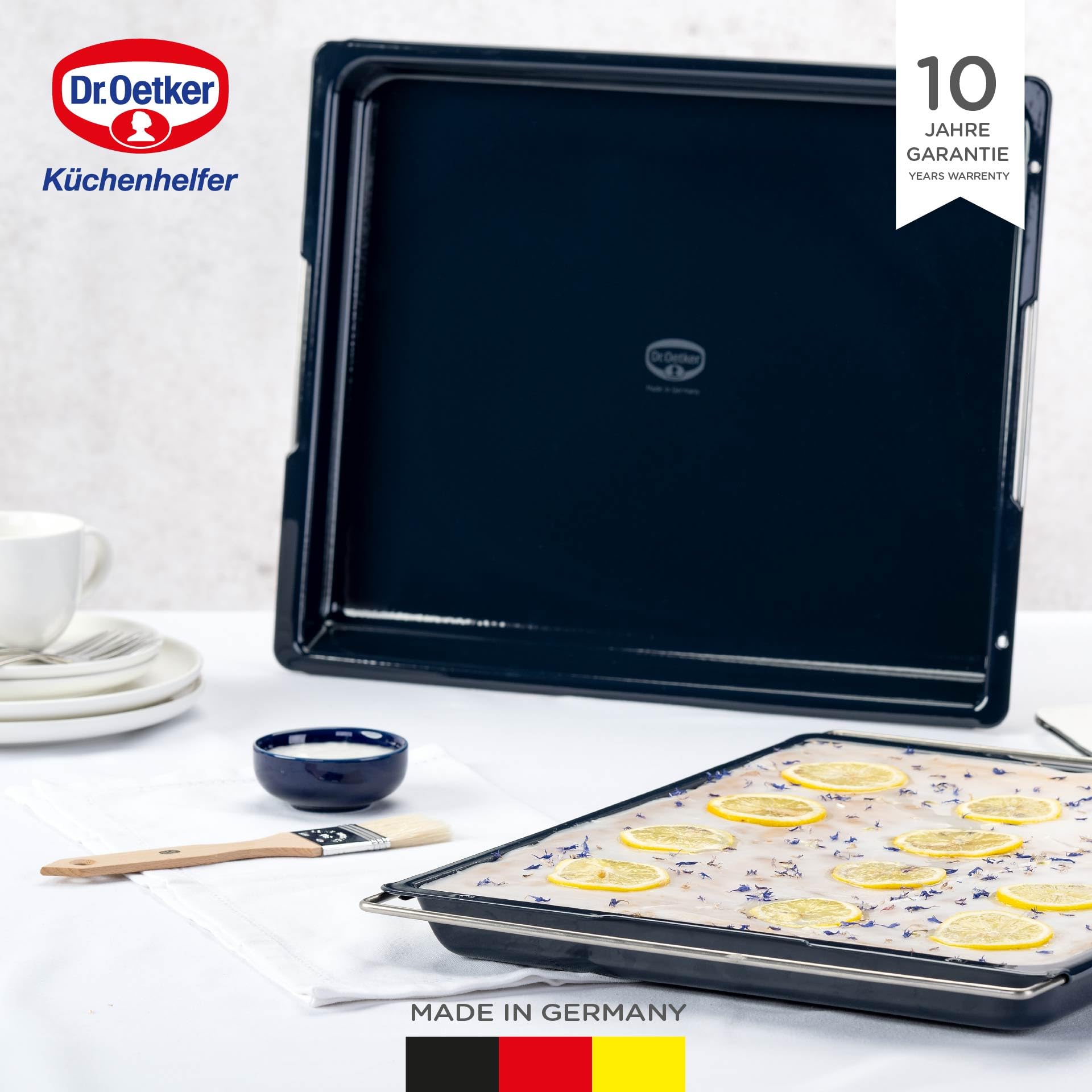 Dr. Oetker Backblech Back-Liebe Emaille – Schnitt- & kratzfestes Blech passend für jeden Backofen mit Emaille & Antihaft-Beschichtung – Verstellbares Backofenblech in Dunkelblau