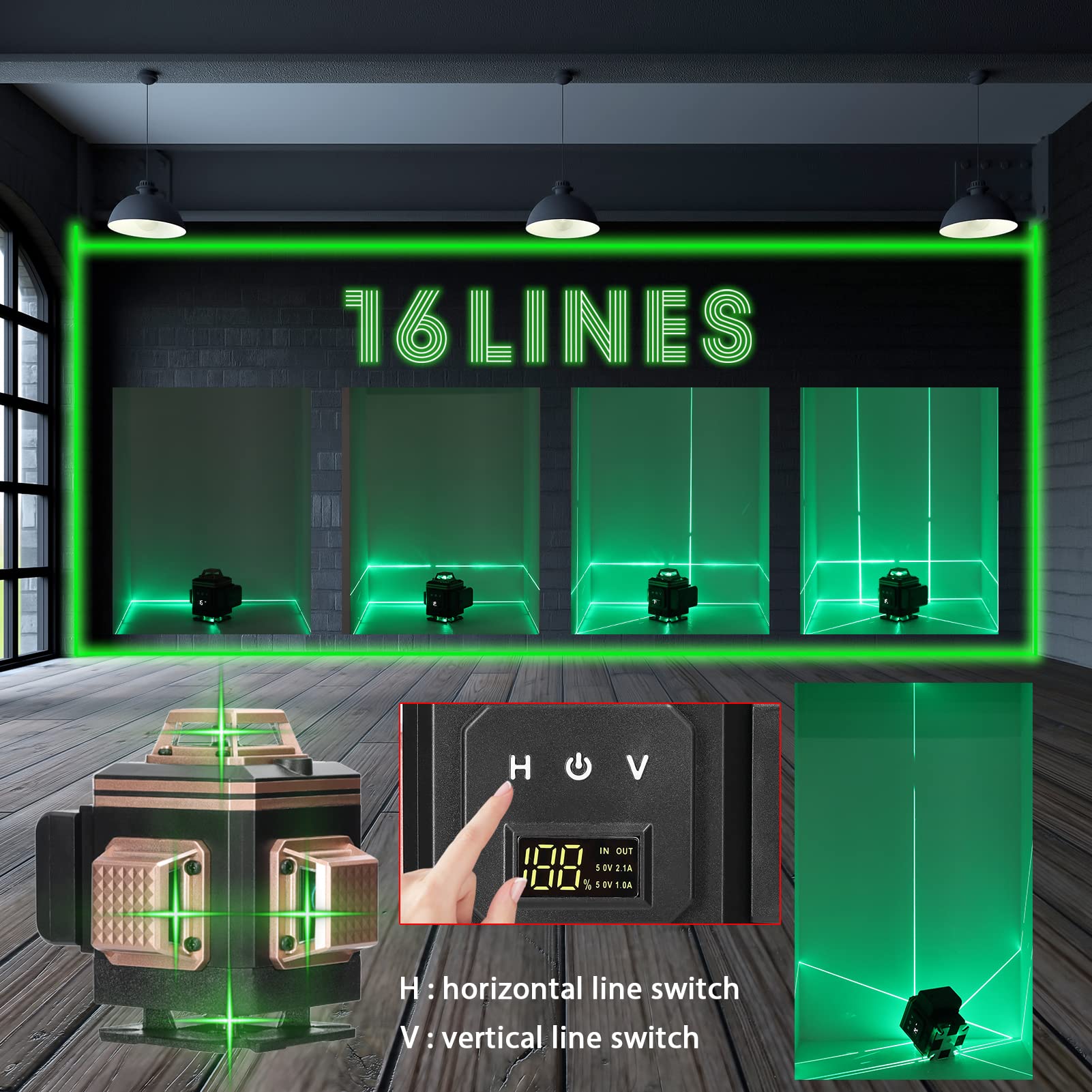 Niveau Laser 360° Geevorks Niveaux Laser 360 4D 16 Lignes Autonivelant 25m Lazer Niveaux Verte 520 Nm,1 * Batterie,Support Mural,Lignes Horizontales Verticales Avec Fonction d'Auto-Nivellement à ±3°