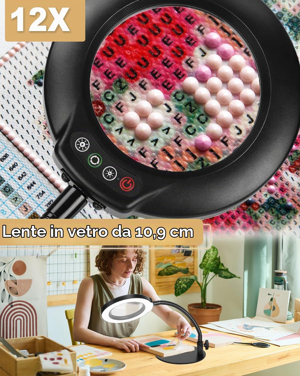 Veemagni 12X Lente di Ingrandimento con Luce e Supporto, Lampada da Tavolo LED Dimmerabile in 5 Modalità di Colore, Lampada Lente Ingrandimento Flessibile a Collo D'oca per Pittura, Cucito, Hobby