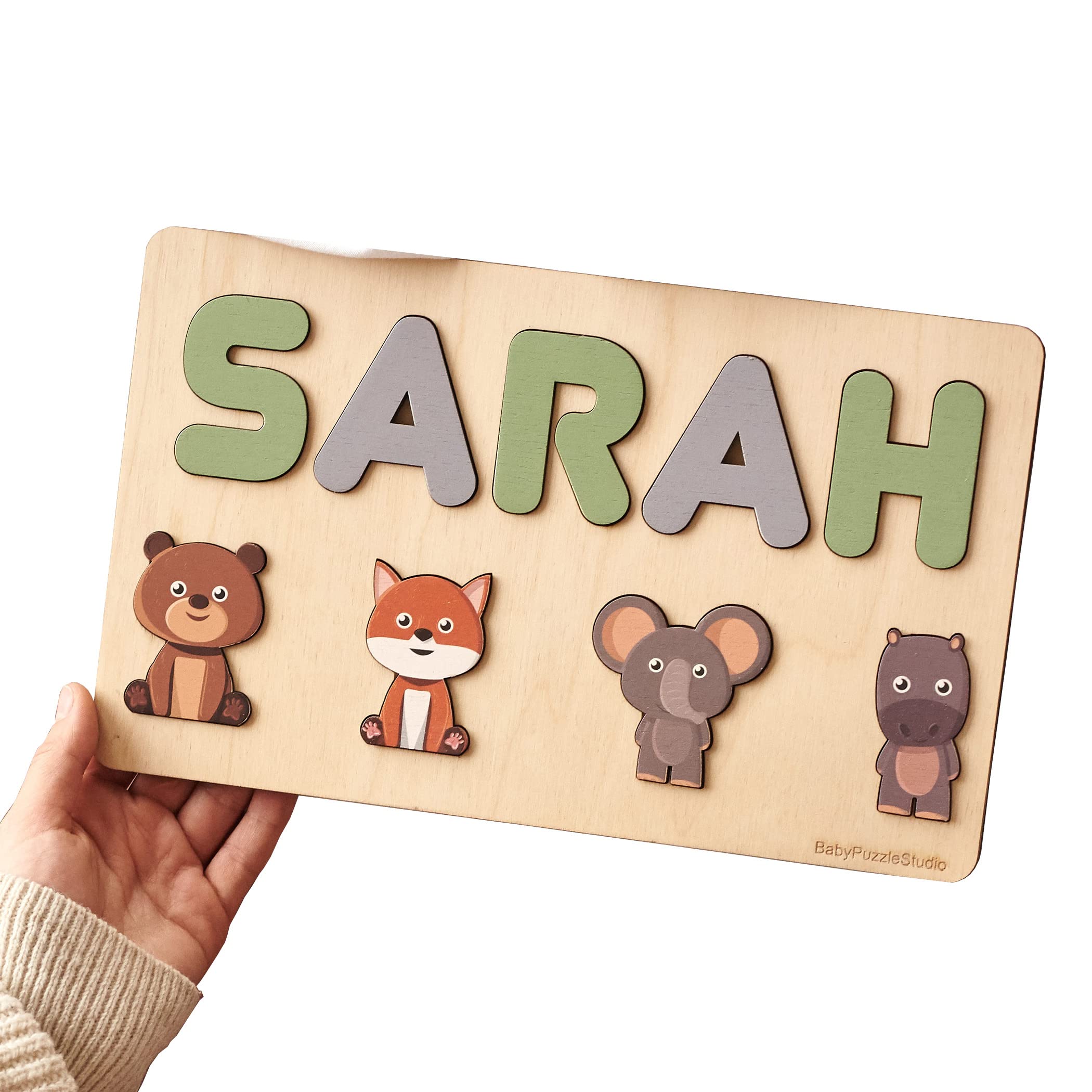 Personalized Jigsaw Puzzle With Name and Animals, Wooden Pegged Game for Toddlers 2 3 4 Years Old, Kids Educational Preschool Toy, Busy Board, Baby Name Signs, Baby Shower Gift