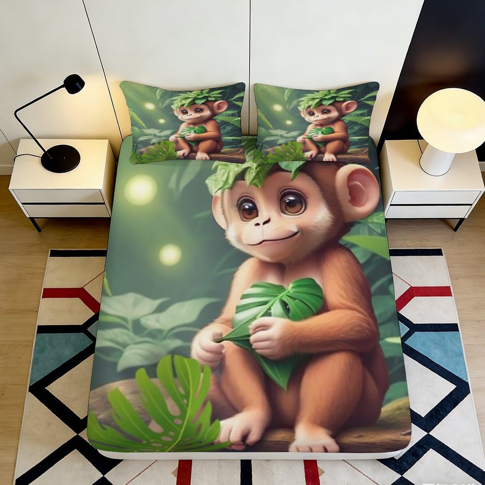 3D Printed Cartoon Monkey Fitted Sheet Microfiber Jungle Leaves Bed Cover for Bedroom Dorm Guest Room Mattress Protection Decor 90x200x25cm