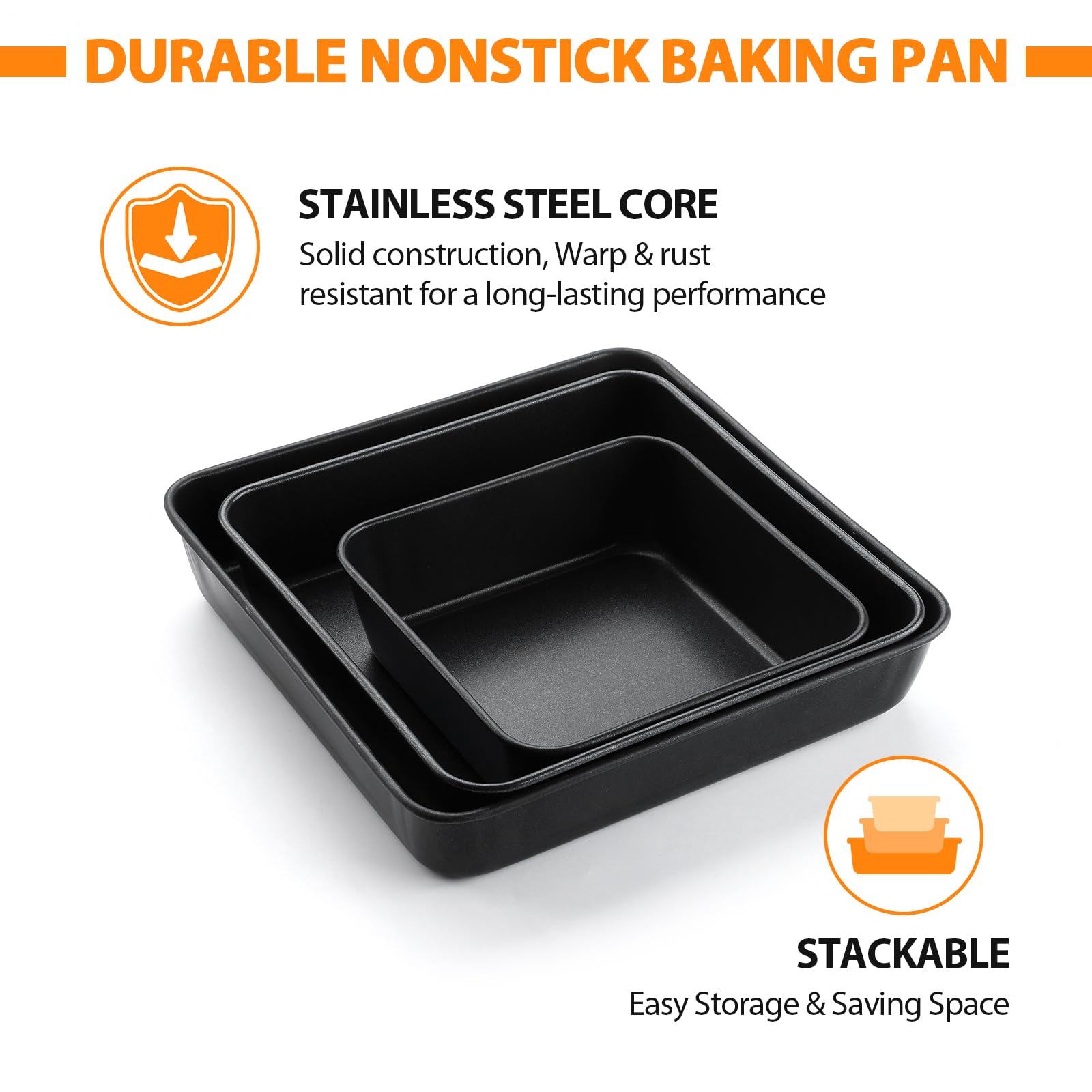Baking Pans E-far 6/8/9-Inch Square Cake Pan With Lid Set, Square