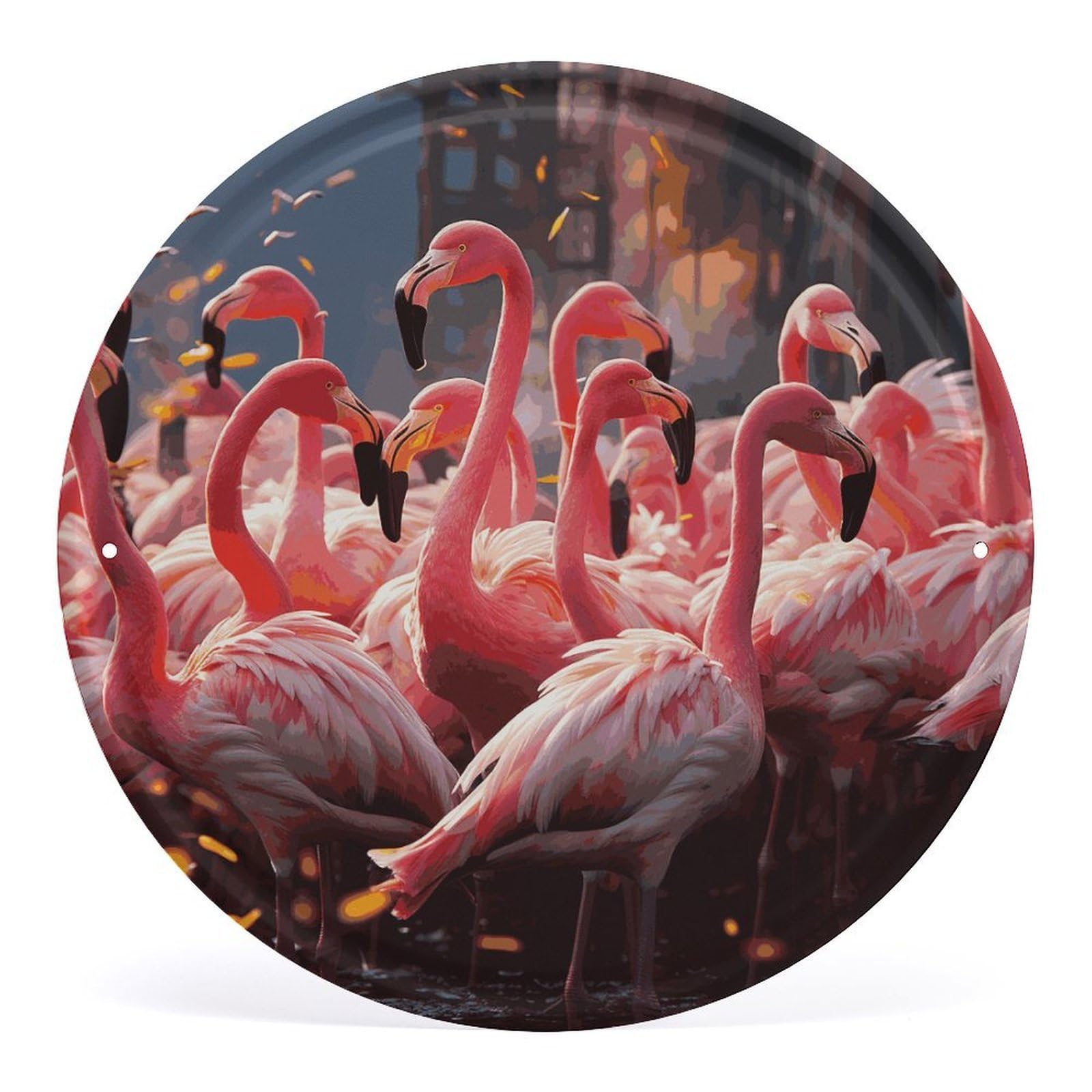 Fodpand Style Flamingos Partying Round Wall Art Hanging Decorations, Wall Decor Modern Minimalist Artwork, Tin Sign Hanging Picture For Living Room, Bedroom, Office, Hallway, 11.8X11.8 Inch