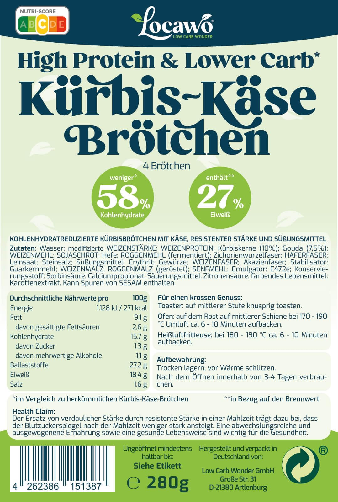Locawo High Protein & Low Carb Kürbis-Käse-Brötchen | Mehrkornbrötchen | Eiweißbrötchen | Voller Weizengeschmack | Vegan | ideal für eine eiweißreiche, kalorien- und zuckerreduzierte Ernährung