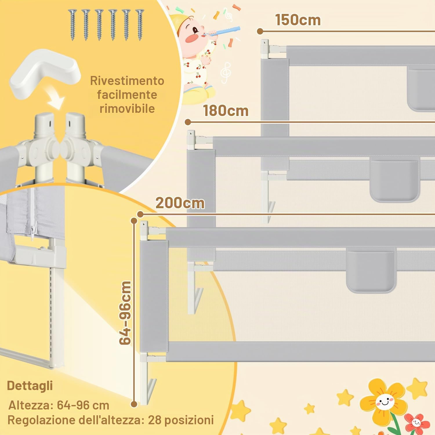 Sponda di protezione anticaduta per letto da 200 cm x 2 + 180 cm x 1, sponda di protezione per letto regolabile in altezza 64-96 cm, per neonati e bambini, con interruttore a doppio pulsante