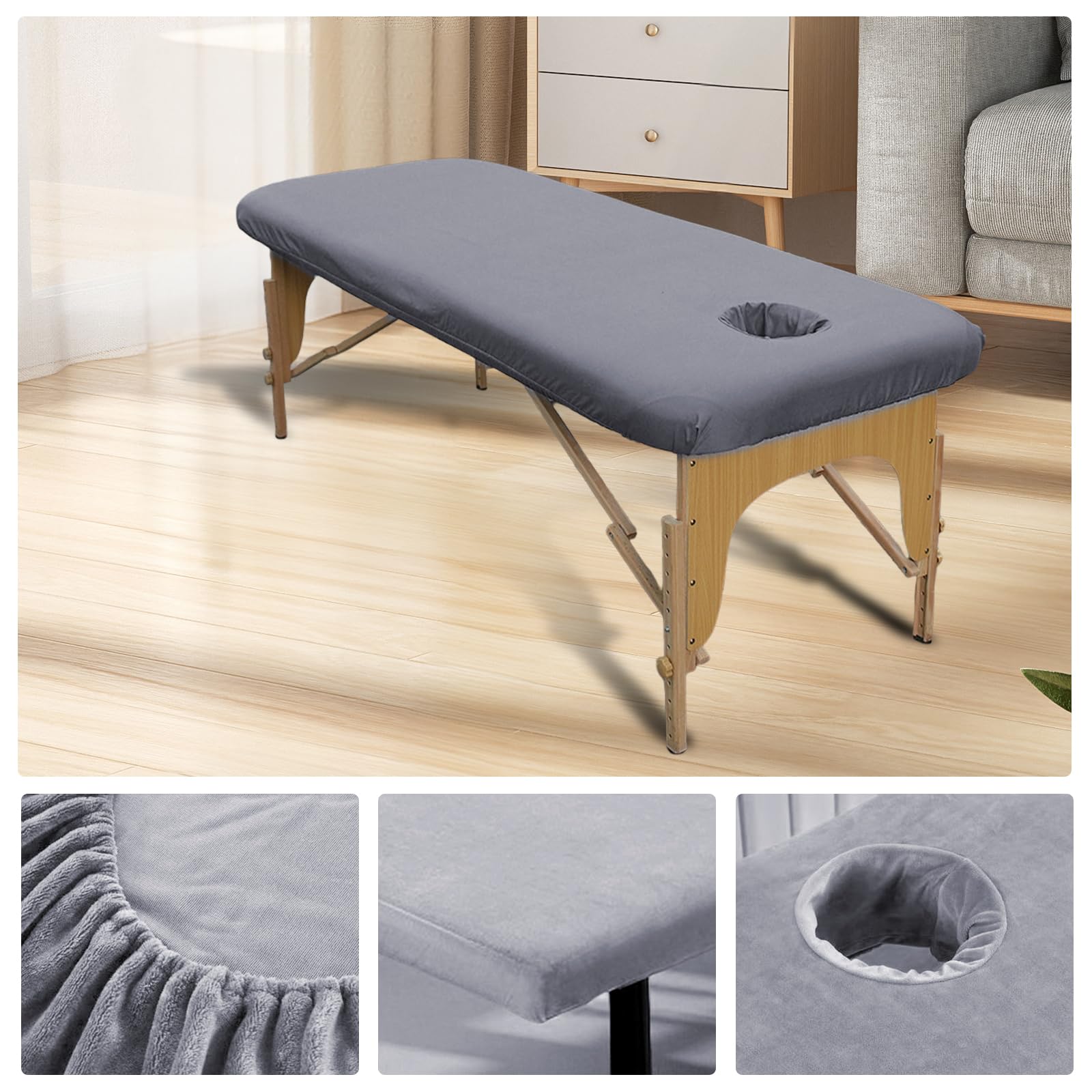 Funda elástica para camilla de masaje con agujero, 80 x 190 cm, terciopelo de cristal, funda gruesa lavable, suave, transpirable, adecuada para mesas de cosméticos y bancos de terapia, color gris