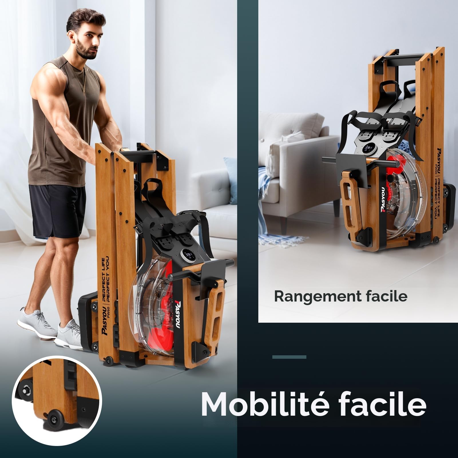 PASYOU Rameur pour la Maison en chêne, rameur d'eau Pliable avec écran Bluetooth et 30 Jours d'abonnement Kinomap Gratuit, rameur avec Support de Tablette réglable, Charge maximale 150 kg PW60