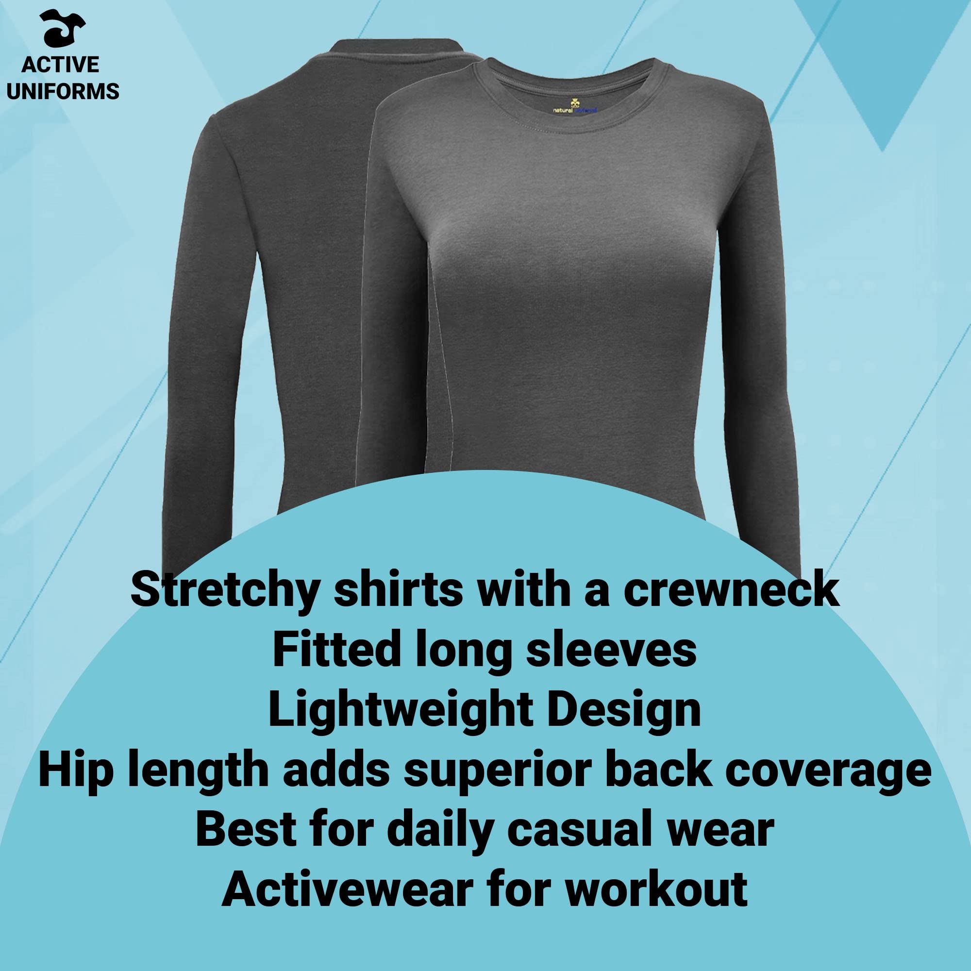 ACTIVE UNIFORMS Women's Under Scrub Tee Crew Neck Long Sleeve T-Shirt 5- Pack (Charcoal, Large)
