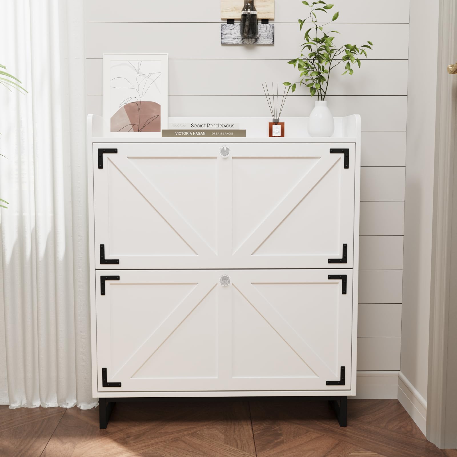 VOWNER Zapatero Entrada Recibidor, 2 Puertas, Zapatero Blanco, Particiones Ajustables, Madera, para Entrada Estrecha, con Patas de Acero, 80 x 24 x 92 cm, Pasillo