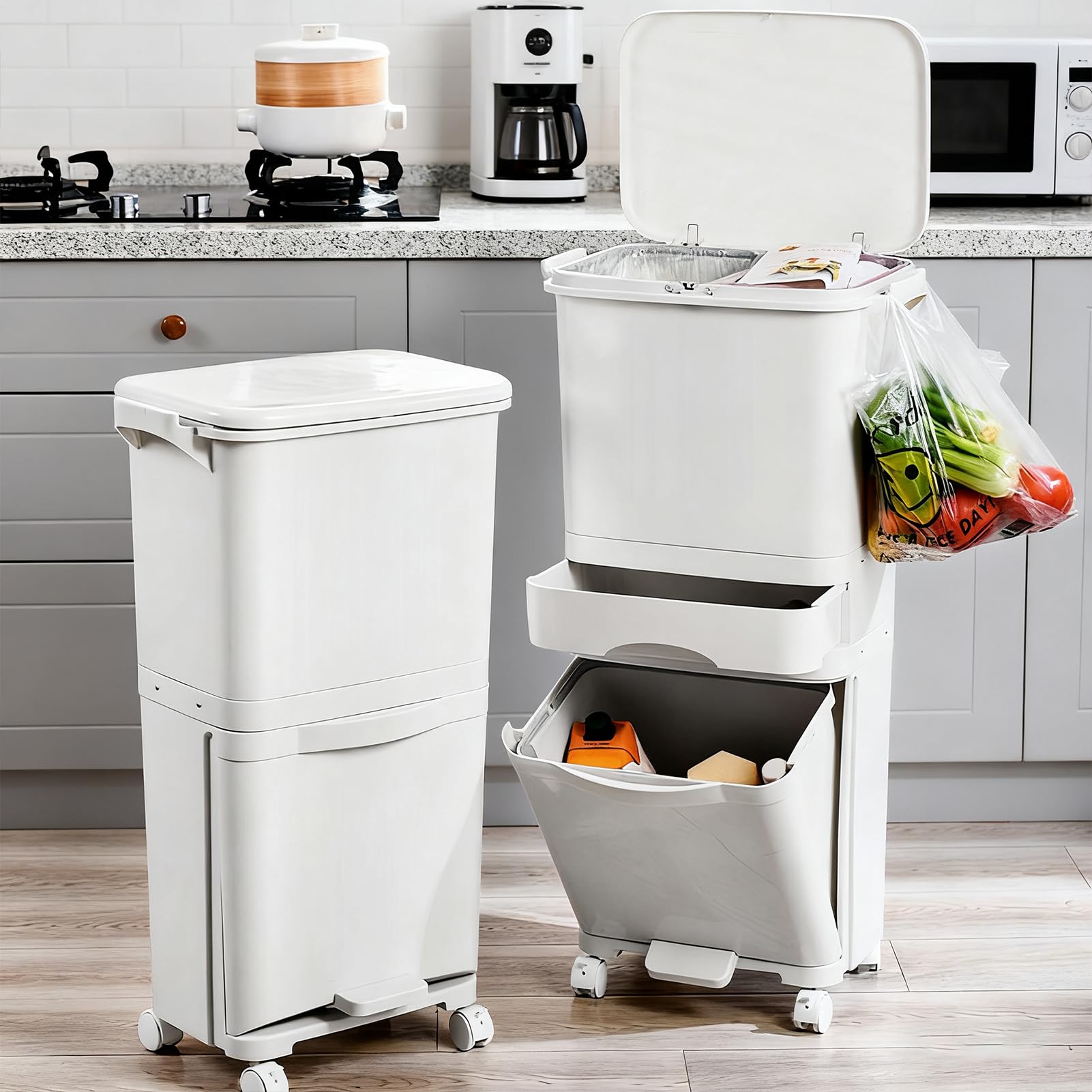 Cubo De Basura Cocina Multinivel 42L, cubo De Basura De Reciclaje Con Ruedas Bloqueables, Diseño Vertical Ahorrador Espacio, Separación Residuos Seco Húmedo, 3 En 1 Contenedor De Basuras De Cocina