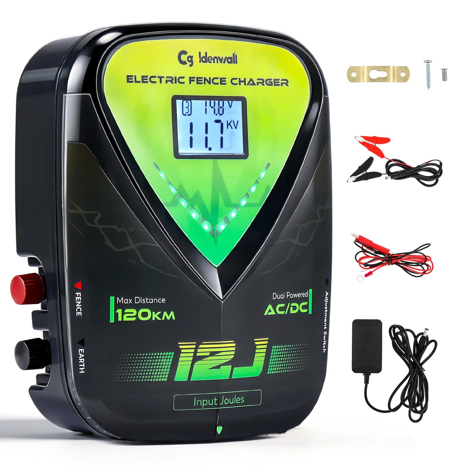 CGOLDENWALL 12J Pastor Electrico, AC/DC, 120KM Alcance, Ganado | 10KV Tension de Pico, IPX6 Impermeable, Caballos Ganado, Ranch Jardin, 2 en 1