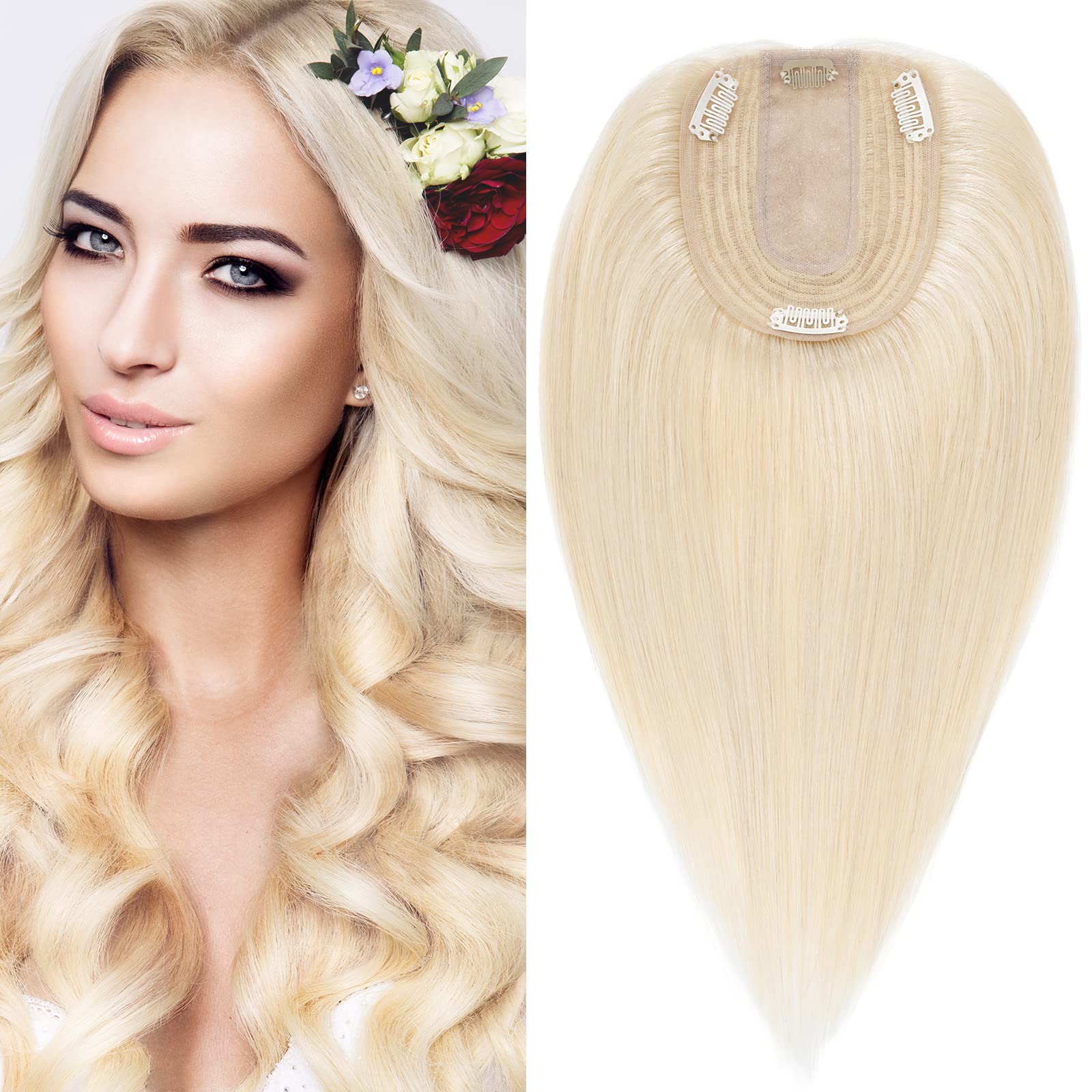 S-noilite Hair Toppers for Thinning Hair UK Clip in Topper Women 6 Inch 100% Real Human Toppers UK 6 Inch 27g(#60 Platinum Blonde)