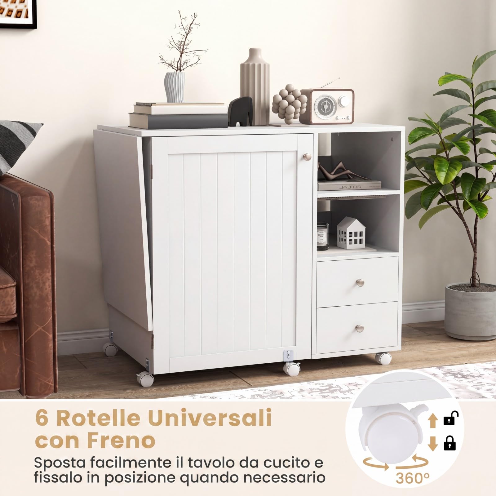 COSTWAY Mobile per Macchina da Cucire Pieghevole con Stazione di Ricarica | Tavolo da Cucito da Casa con Ruote Bloccabili, Cassetti, Scomparti, Ripiano, Mensole e Ganci