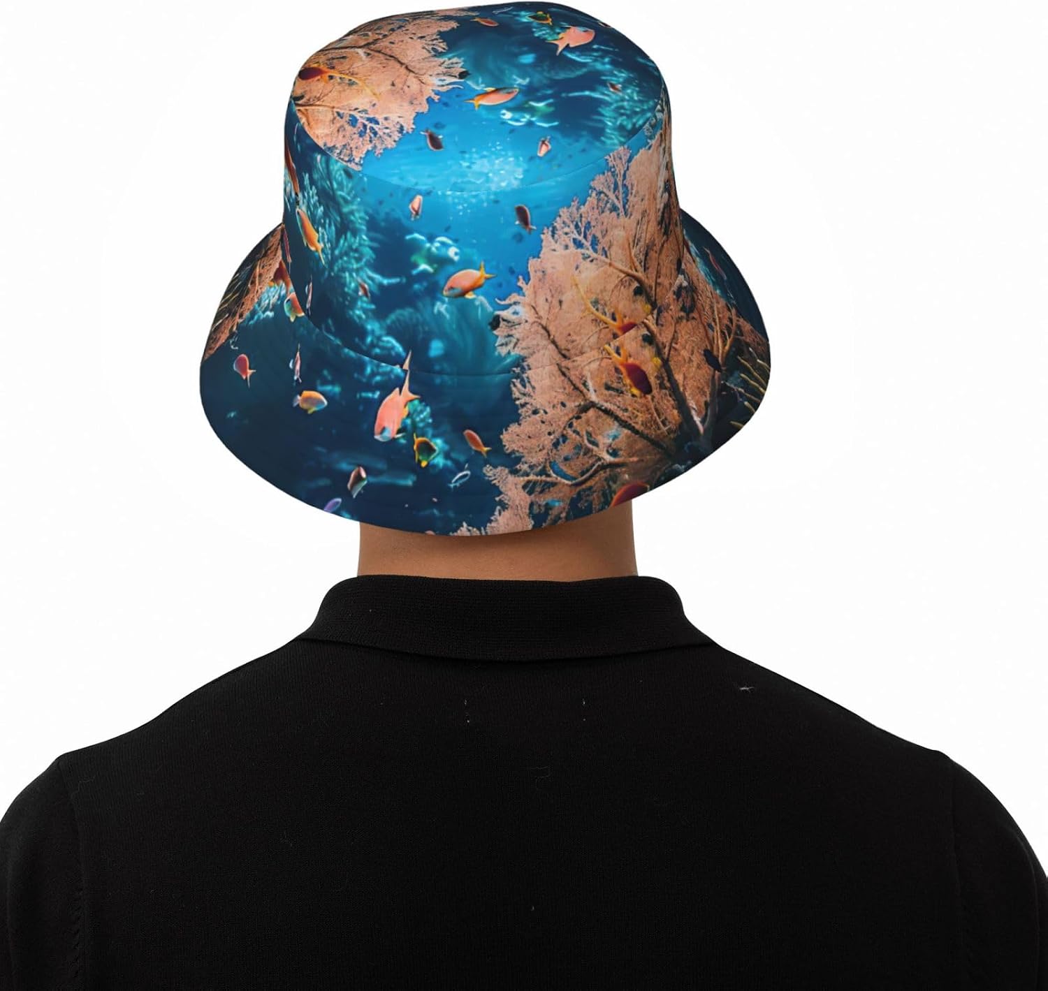 Coral Reef Print Sun Hat Outdoor Fisherman Cap Summer Bucket Hat Beach for Men Women Black