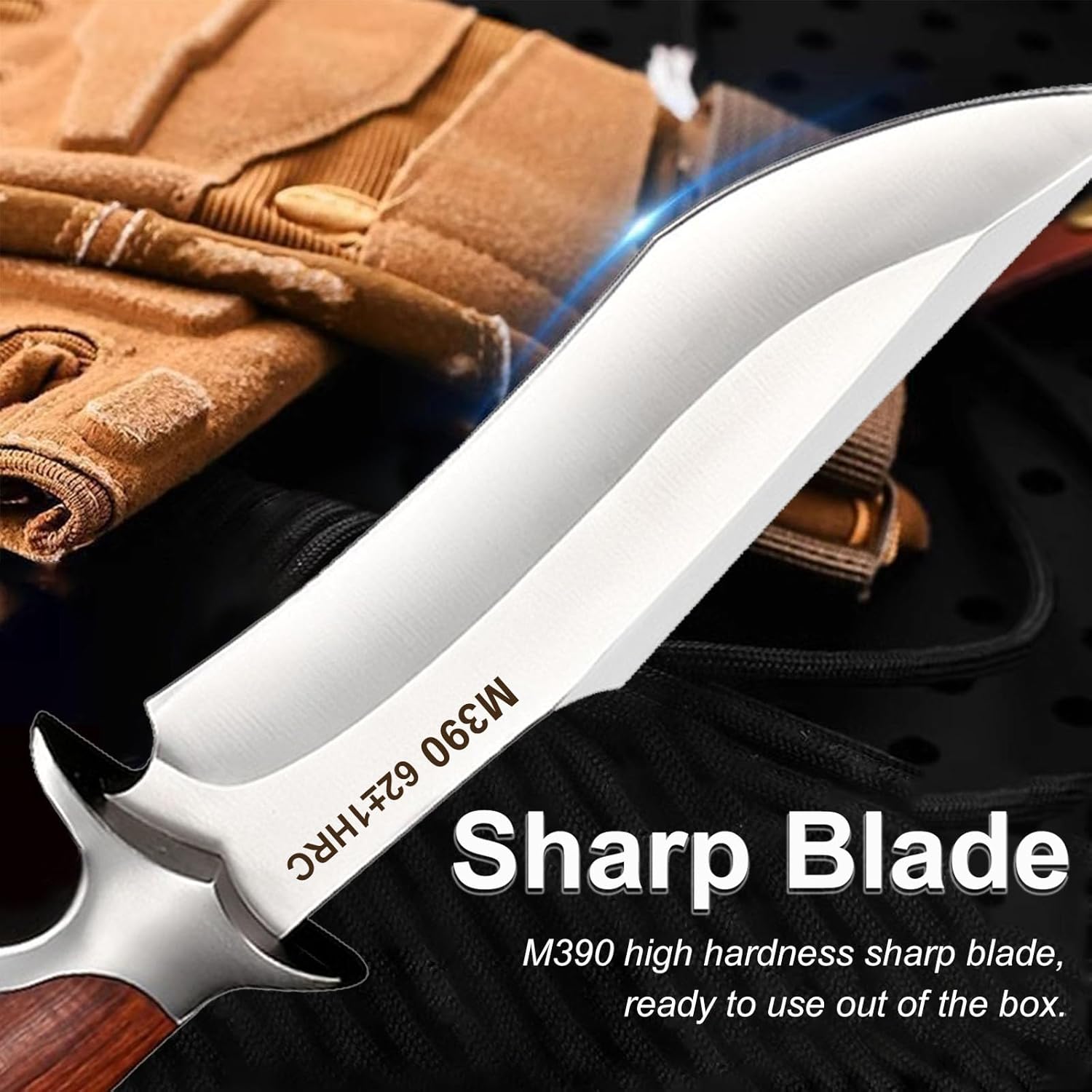 Hunting Knife with Sheath 10.43 Inch Bowie Knife for Camping & Survival, M390 Fixed Blade 63 HRC Hardness Clip Point for Hunters, Outdoorsmen and Bushcraft