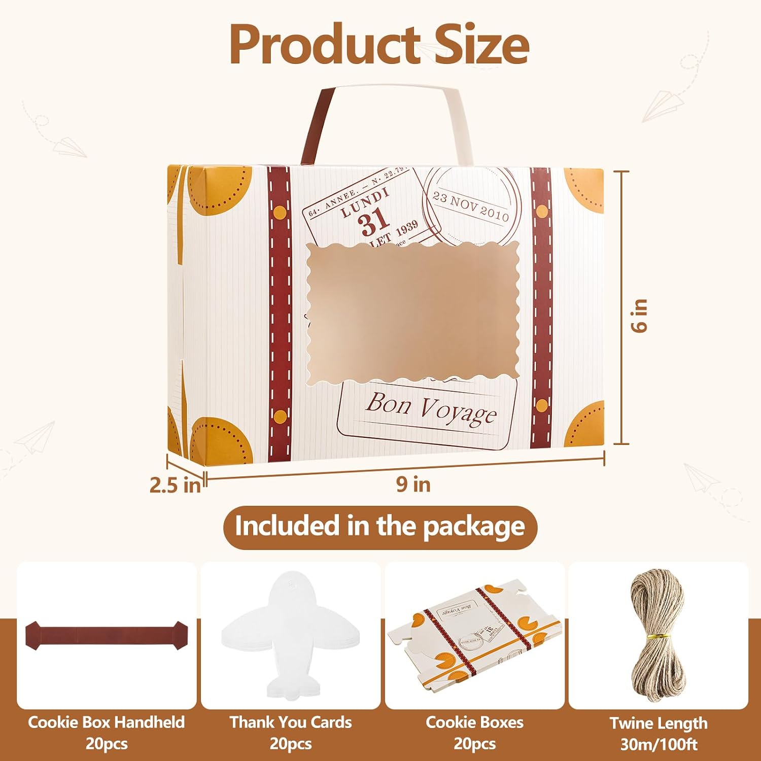 20Pcs Treat Boxes with Window for Desserts, Candy & Cookies, Mini Suitcase Party Favor Box for Travel Theme Party Decor and Gift Giving,（Brown, 9 x 6 x 2.5 Inches ） image 2
