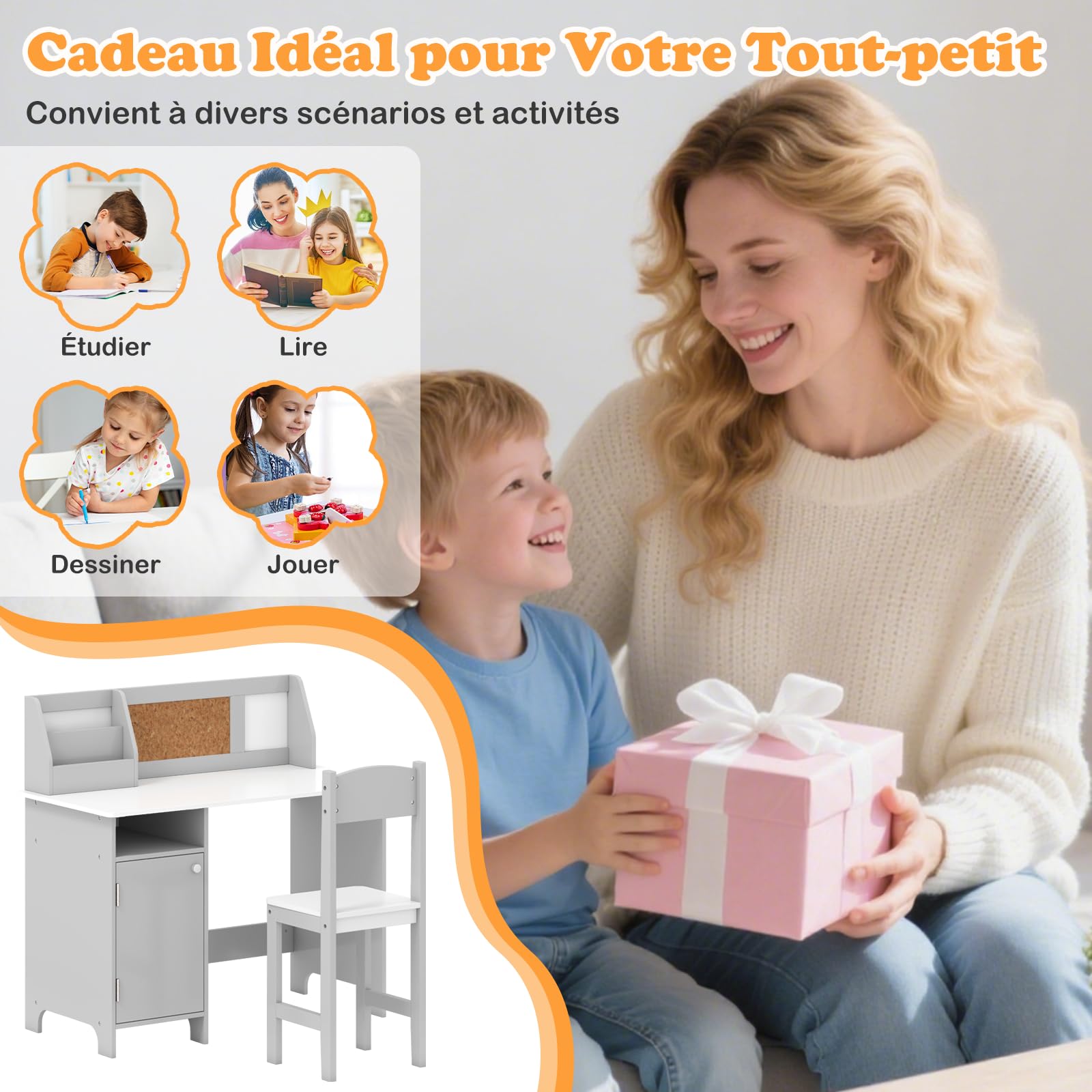 COSTWAY Bureau Enfant Garçon Fille avec Chaise Bibliothèque Tableau d'Affichage, Table Enfant Bois Étagère Armoire Rangement, Charge 50/90kg 3 Ans+ Gris