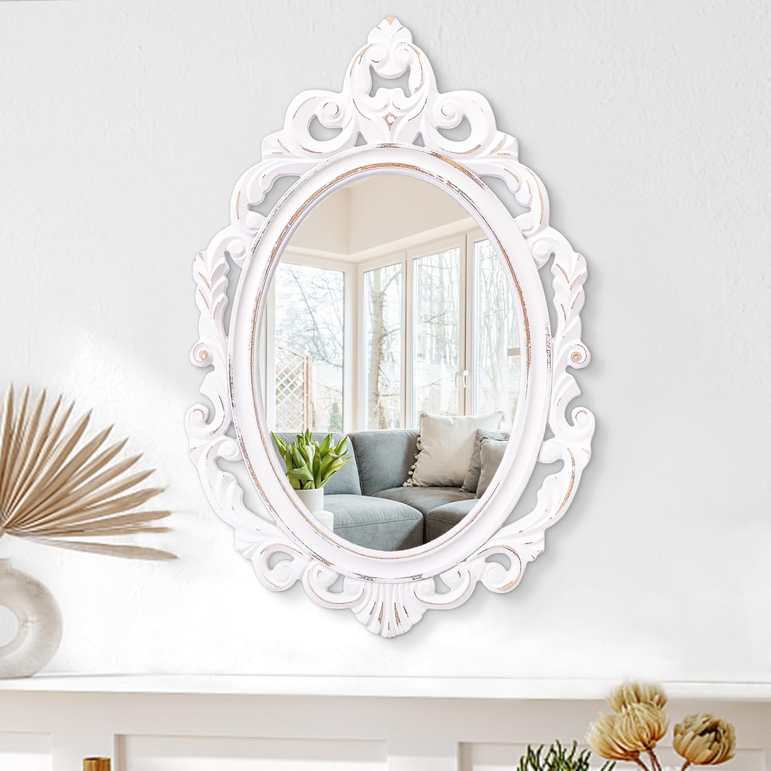 Lzuso Oval Baroque Vintage Wall Mirror - Handcrafted Wooden Hanging 24x16" Decor for Bathroom Bedroom Living Room Entryway White