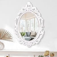 Lzuso Oval Baroque Vintage Wall Mirror - Handcrafted Wooden Hanging 24x16" Decor for Bathroom Bedroom Living Room Entryway White