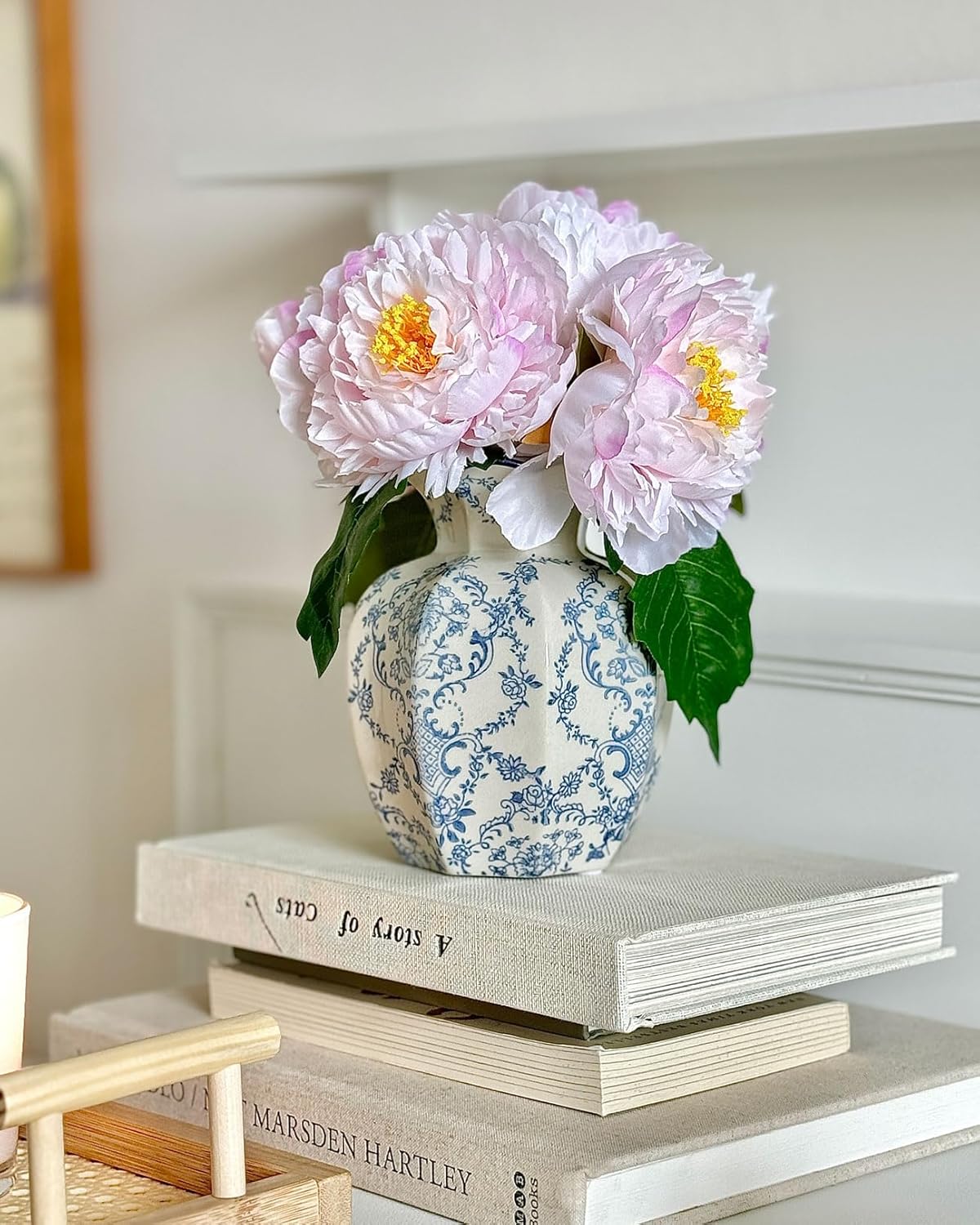 Vintage Blue Ceramic Vase, Small Blue and White Porcelain Decorative Flower Vase for Centerpiece Living Room Table Shelf, Chinoiserie French Country Decor - Image 3