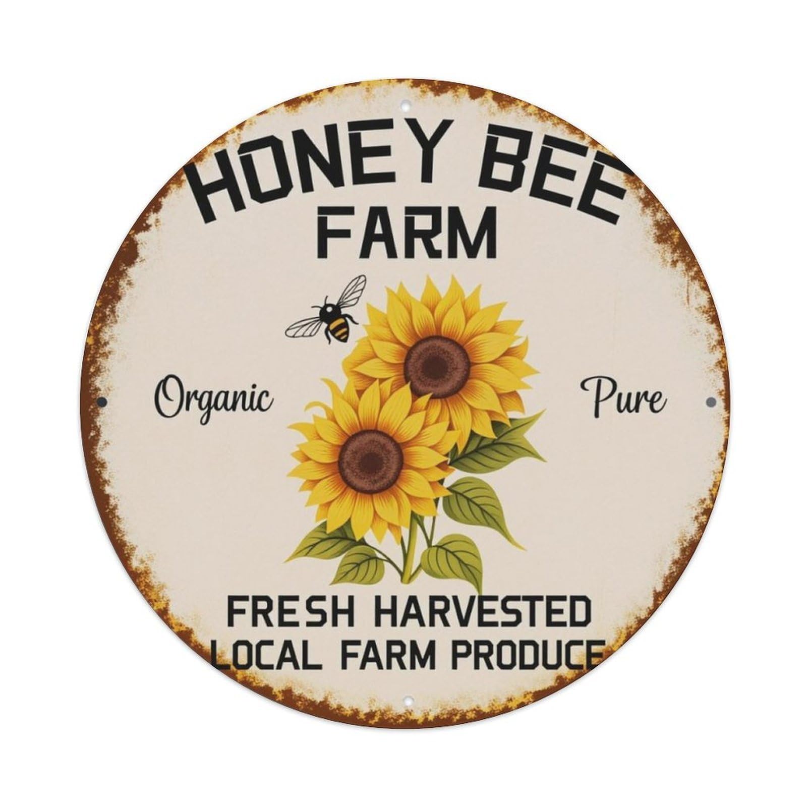 Honey Bee Farm Sunflower Vintage Round Decor Sign Vintage Aluminium Metal Sign, Retro Wall Decor for Home, Bar, Garage & Farmhouse 20x20cm