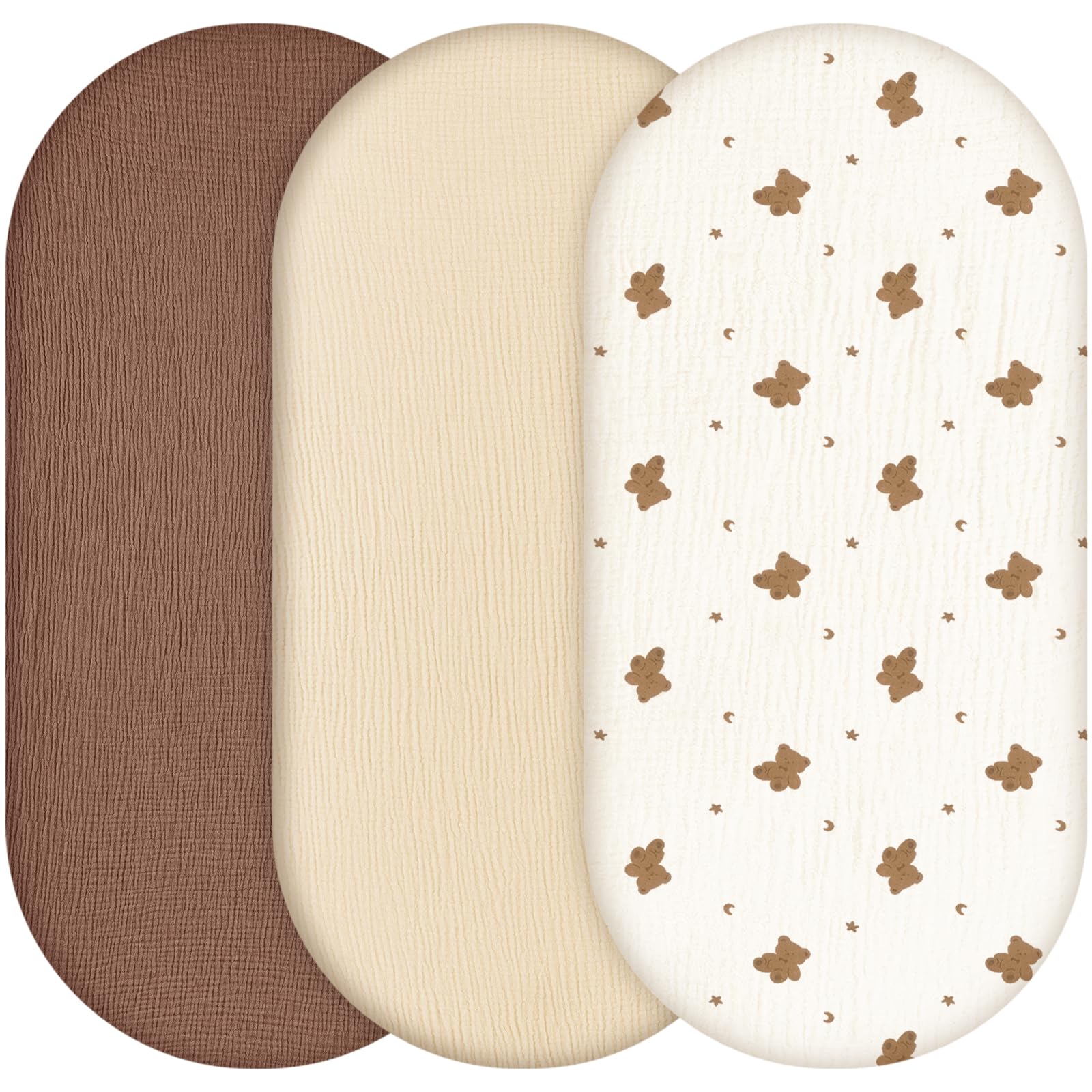 Yukkidds Baby Spannbettlaken Musselin 3er Pack 81x41cm, aus 100% Baumwolle, Ultraweich & Atmungsaktiv, Bettlaken für Beistellbett, Kinderwagen & Babybett Braun Bär
