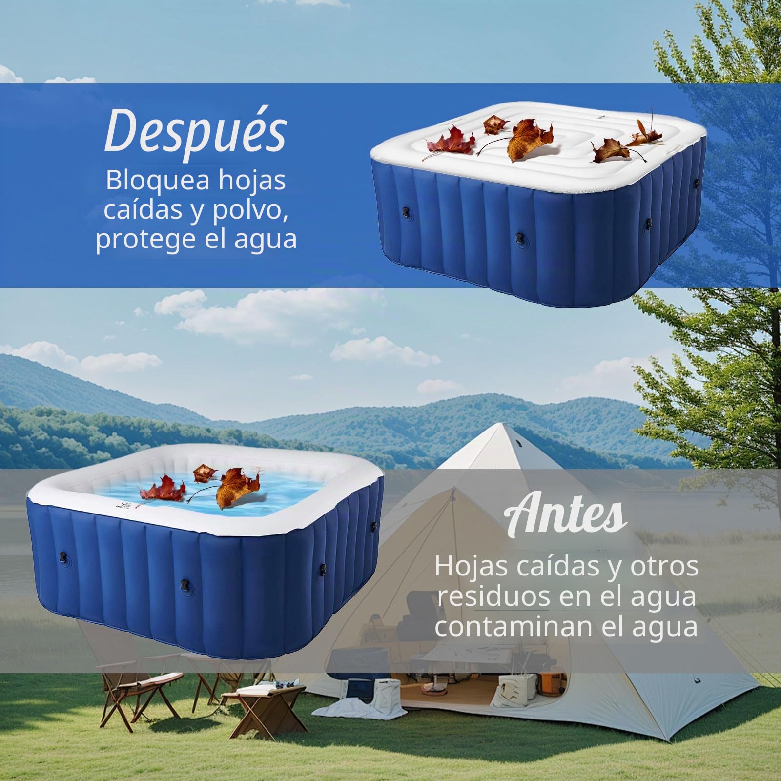 Cubierta de SPA Hinchable, 128cm Cuadrado Cubierta Inflable de Bañera de Hidromasaje Aislada, Cubierta Jacuzzi Exterior, Tapa de Piscina con Dos Asas, Corte de Viento Impermeable a Prueba de Polvo