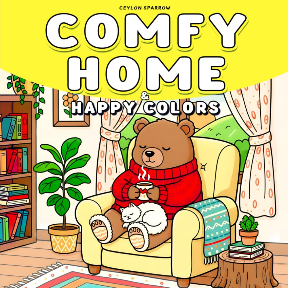 Comfy Home & Happy Colors: Cozy Interiors and Friendly Animals Young Adults Coloring Book For Relaxation (Cozy Coloring Books Ceylon Sparrow)