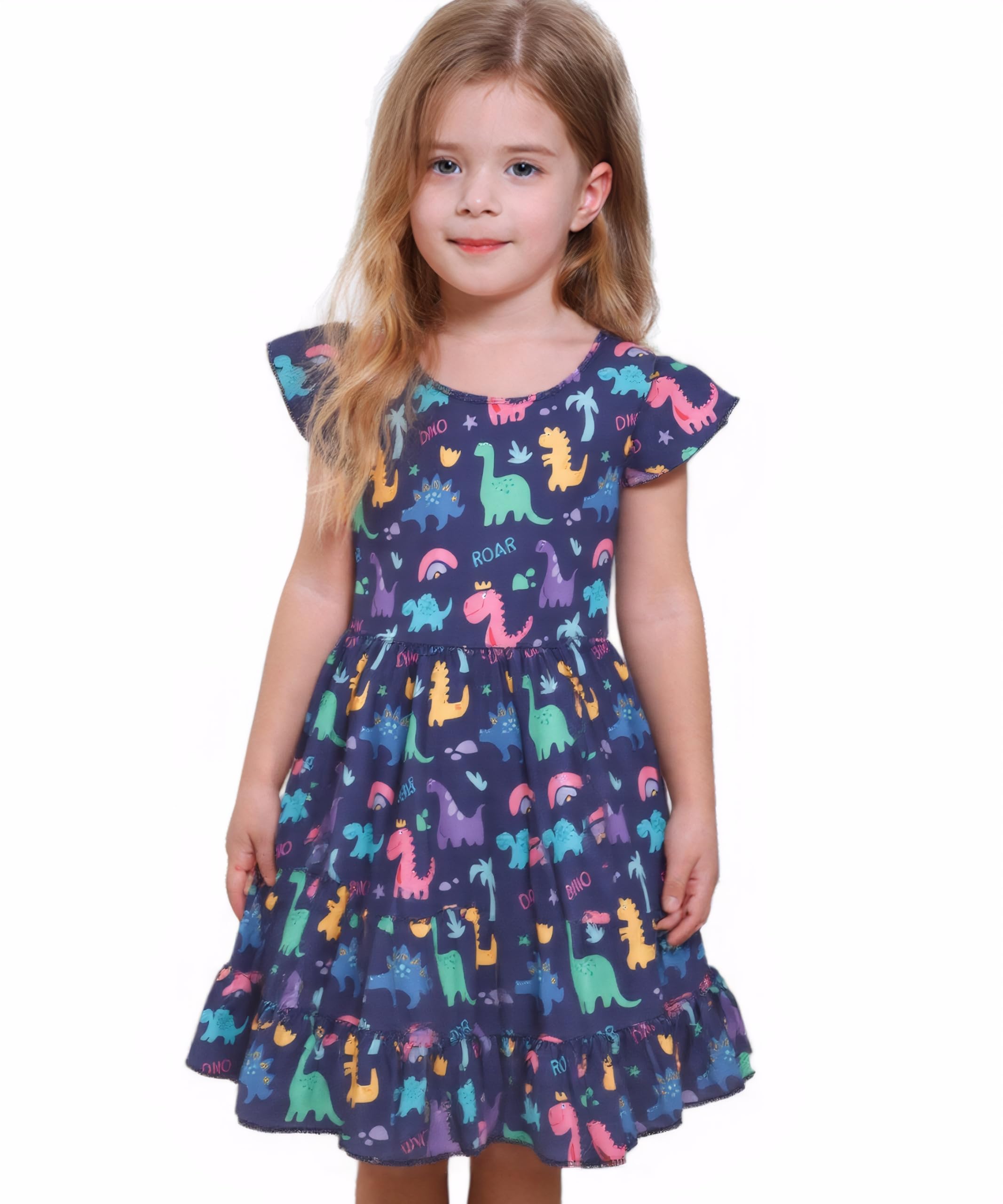 Vestido de dinosaurio para niña pequeña, manga con vuelo, lindo atuendo de verano para bebé niña, vestido casual con volantes