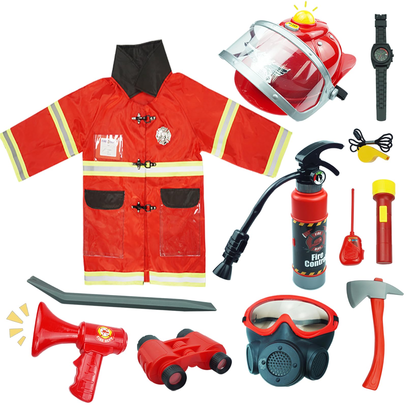 RedCrab Disfraz Bombero para Niños con 12 Accesorios Disfraz de Bomberos Extintor de Juguete Bueno para Cosplay Carnaval 3 4 5 6 7 8 9 10 Años
