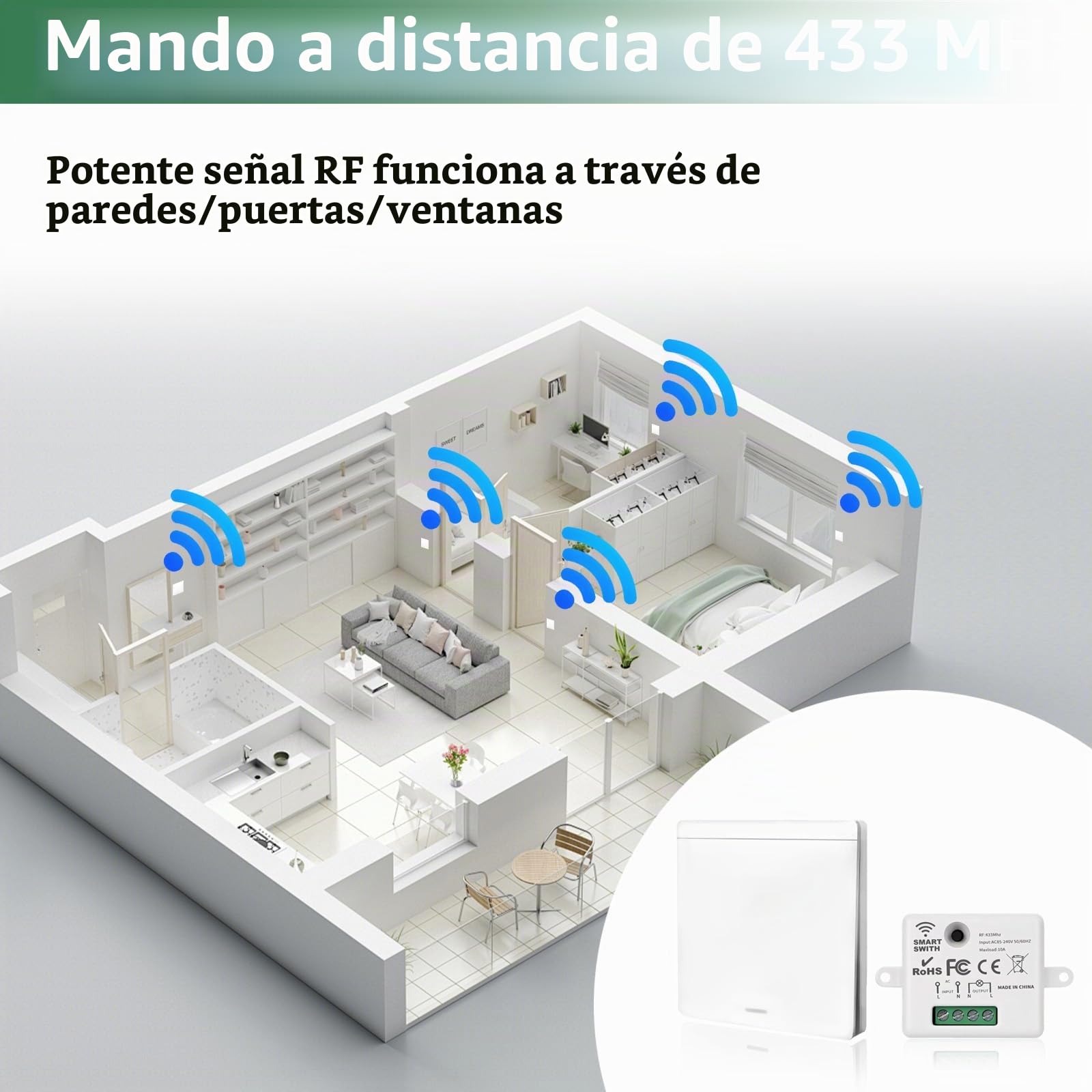 Interruptor de luz Inalámbrico, Interruptor Kit con Transmisor de RF y Controlador del Receptor 10A Fácil Instalación para Lámpara de Hasta 1500W, Control Remoto Alcance de 50M