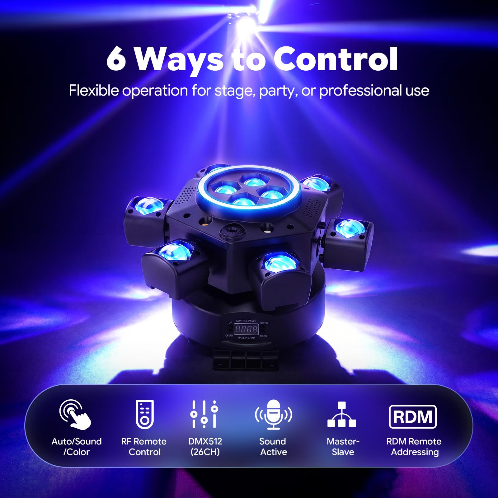 180W Cabeza Móvil RGBW LED Beam Moving Head con Control Remoto,6 Brazos DMX512 Luz DJ Escenario,Luz Discoteca Focos de Efecto para Fiesta Club Bar Boda Halloween Iluminación de Escenario