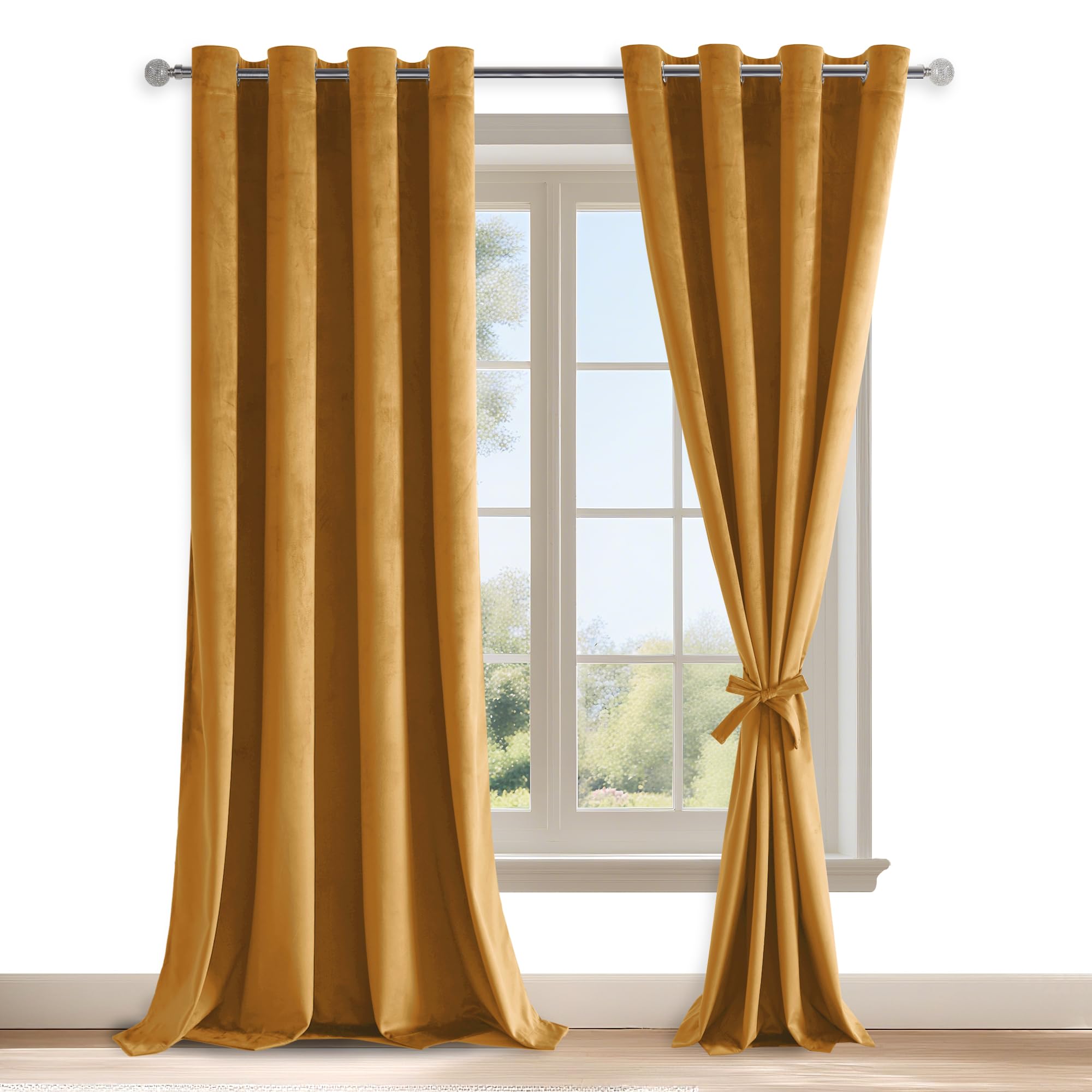 DWCN Cortinas De Salón De Amarillo Mostaza De Terciopelo, Juego De 2, H280 X 140 cm, Cortinas De Terciopelo Suave con Lazos para Cortinas, Cortinas Pesadas Opacas con Ojales para Protección contra El