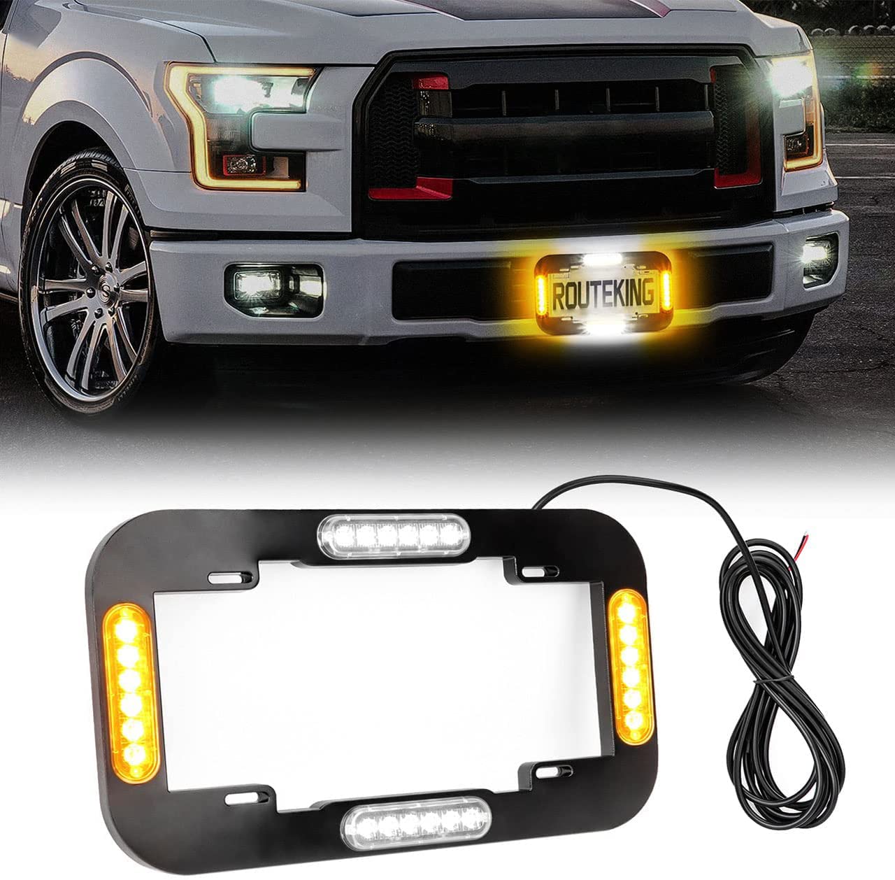 ROUTEKING License Plate Emergency Strobe Light Waterproof Flashing Safety Warning Light for Vehicles Trucks Cars (Amber and White, 12V, 13.5" size)