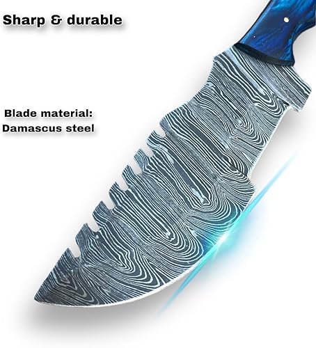 Miniatura 7 de Cuchillo de caza hecho a mano de acero Damasco con funda de cuero genuino  Cuchillo EDC de 10 pulgadas para hombres  Cuchillo de hoja fija para