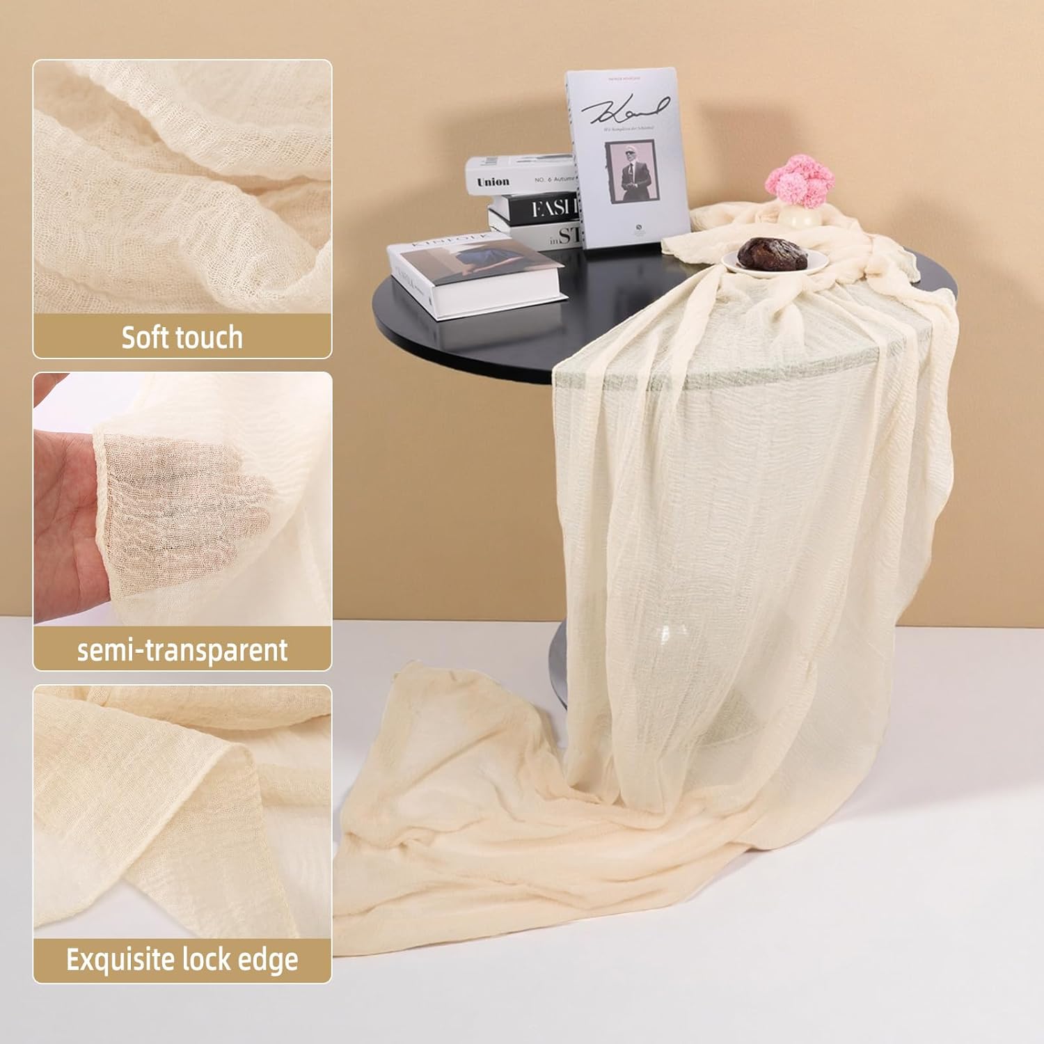 6pcs Ivory White Cheesecloth Table Runner 120 Inch 10FT Soft Rustic Gauze Cheese Cloth Table Runners for Wedding Baby Shower Bridal Shower Party Sheer Boho Decorations