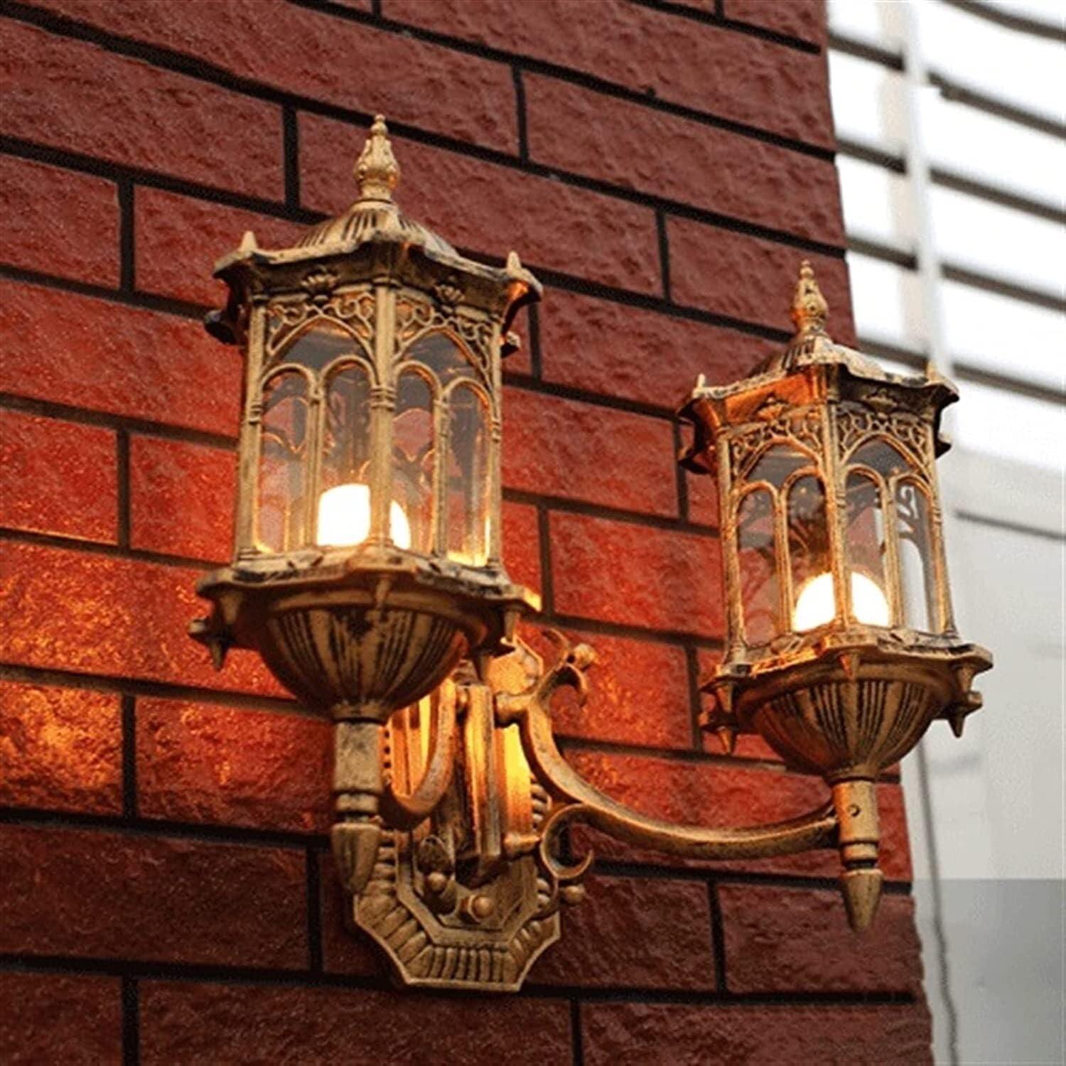 Wejścia Lampa Zewnętrzna Podwójna Głowica Kinkiet Zewnętrzny Aluminiowy Europejski Styl Wodoodporny Szklany Taras Lampa Ogrodowa Oświetlenie Ogrodu(Bronze)