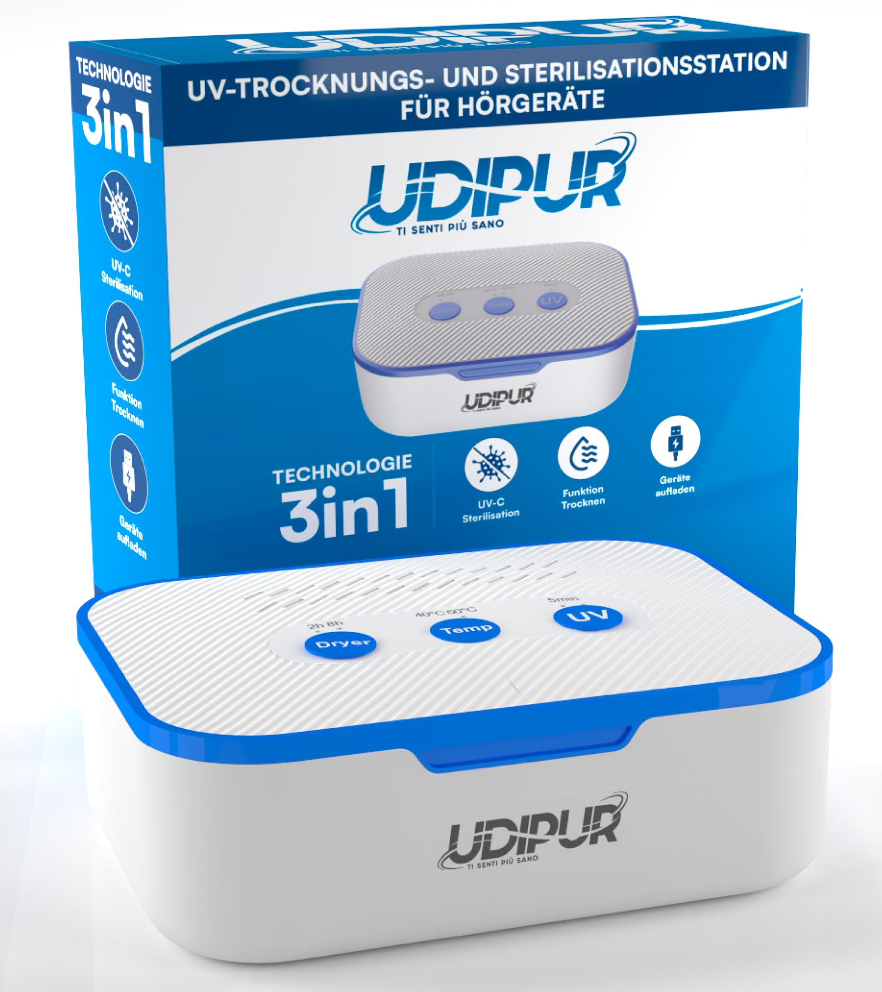 Udipur Hörgeräte-Reinigungsstation trocknet sterilisiert UV und lädt 3in1