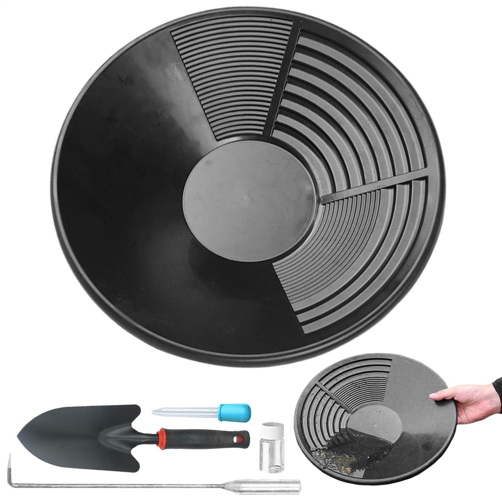 Panning Gold Pan Kit - 1 Set di Strumenti Completo Oro Lavaggio, Trough per Prospezione, Scavare e Caccia Gemme, Attrezzature, Hobbyisti, Collezionisti di Roccia, Materiali Metallici