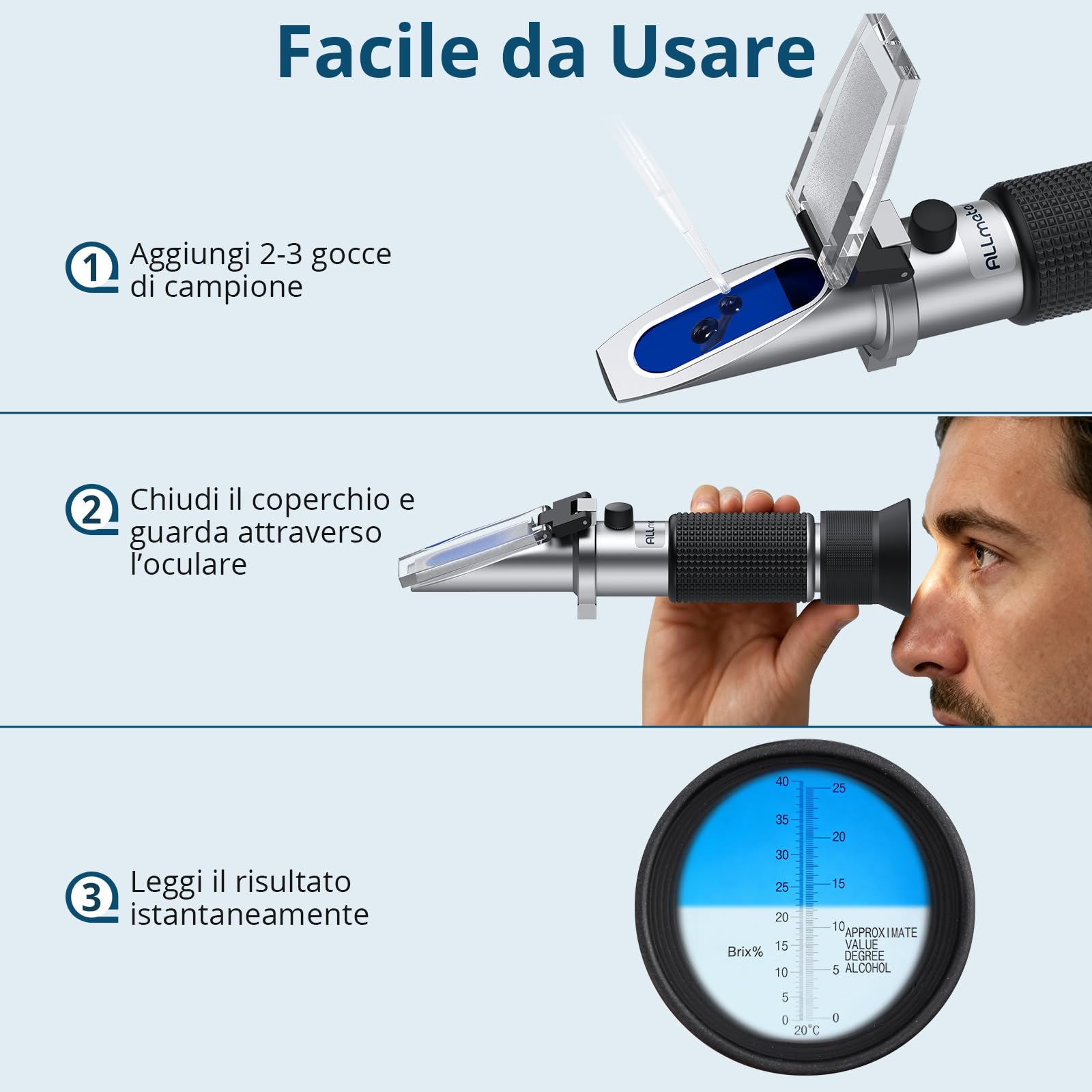 Rifrattometro per Enologia Doppia Scala (Brix 0-40%, Alcool 0-25%) Rifrattometro per UVA con ATC, Misurazione del Contenuto di Zucchero nel Succo D'uva Originale, per Prodotto Vino in Casa | Doppia Scala