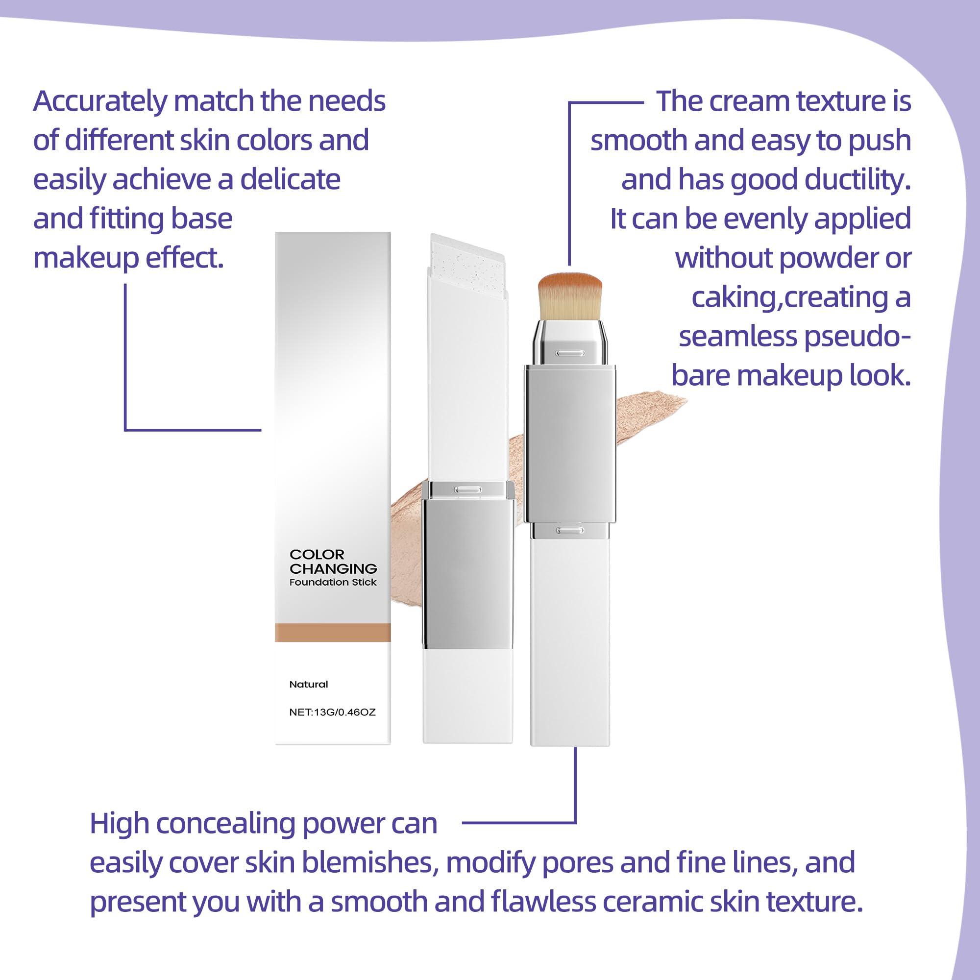 Color Changing Foundation Stick - 2-in-1 with Detachable Brush, Hydrating Concealer Base Makeup, Portable for Daily Use — view 7