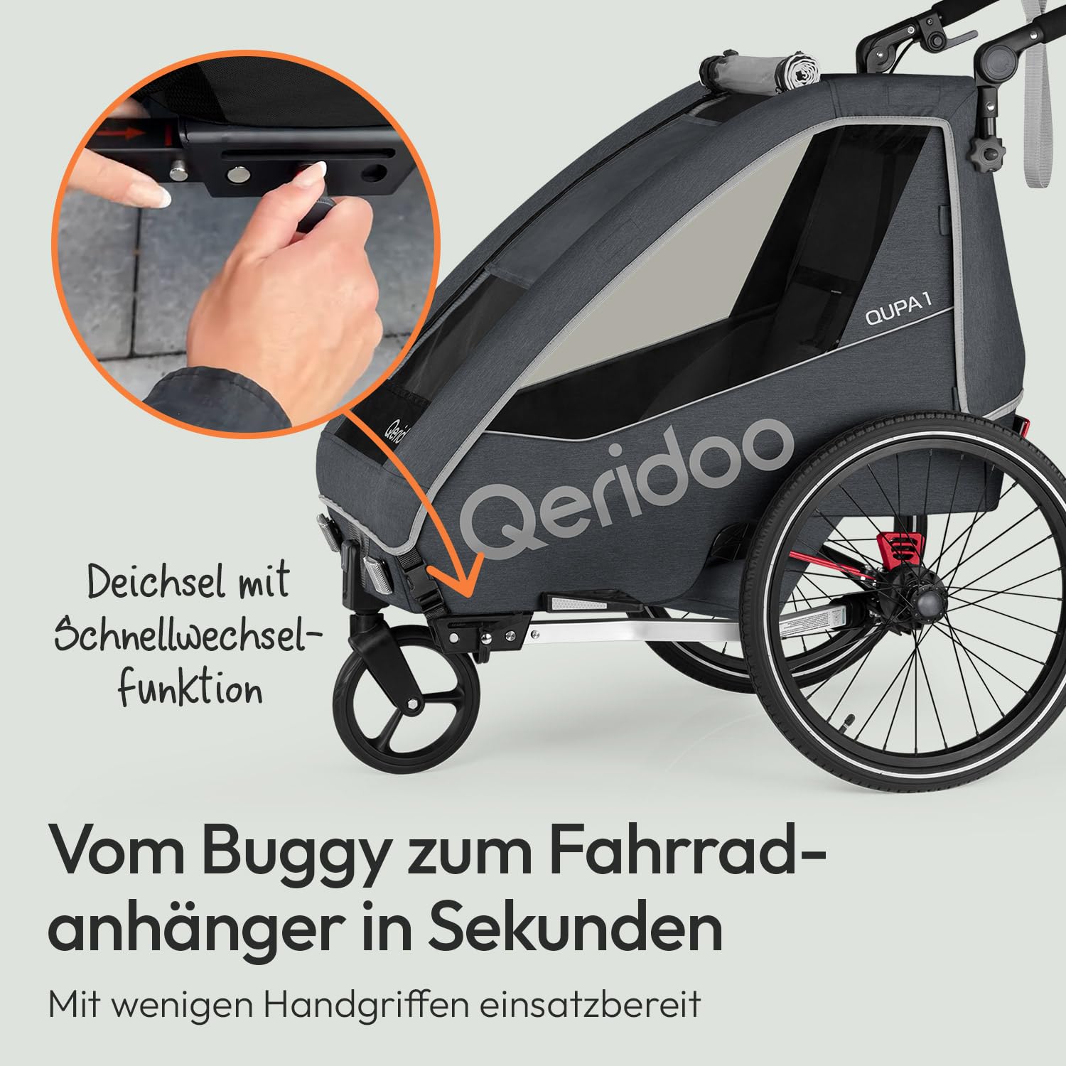 Remorques de vélo de Marque QERIDOO Modèle Kinderfahrradanhänger & Buggy QUPA 1 für 1 Kind mit Kupplung, Blattfeder-Dämpfsystem (BIS 50 kg) - Gris