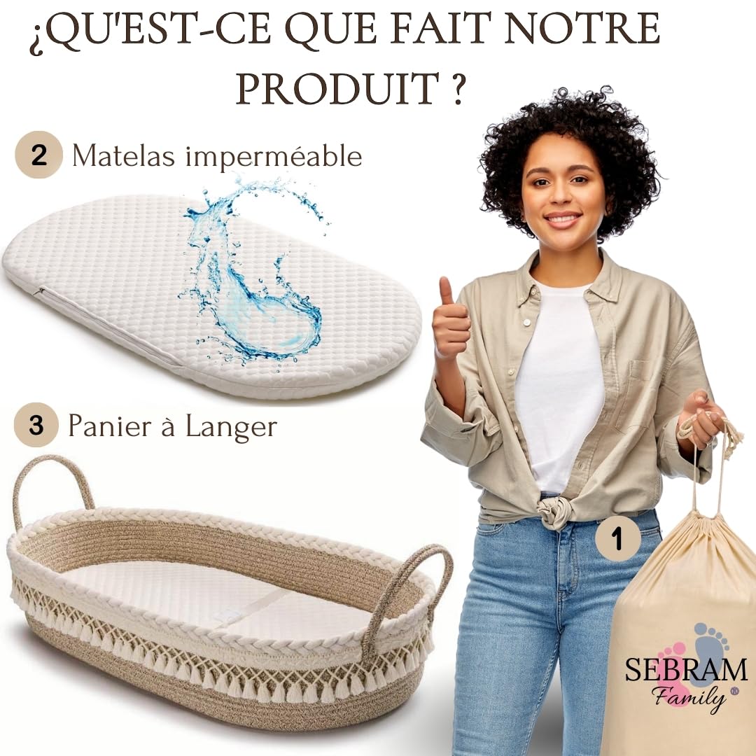 SEBRAM Panier à Langer Bébé – Matelas à Langer Portable et Imperméable, Panier de Change Tissé, Style Bohème Chic pour Table à Langer et Commode (Beige)